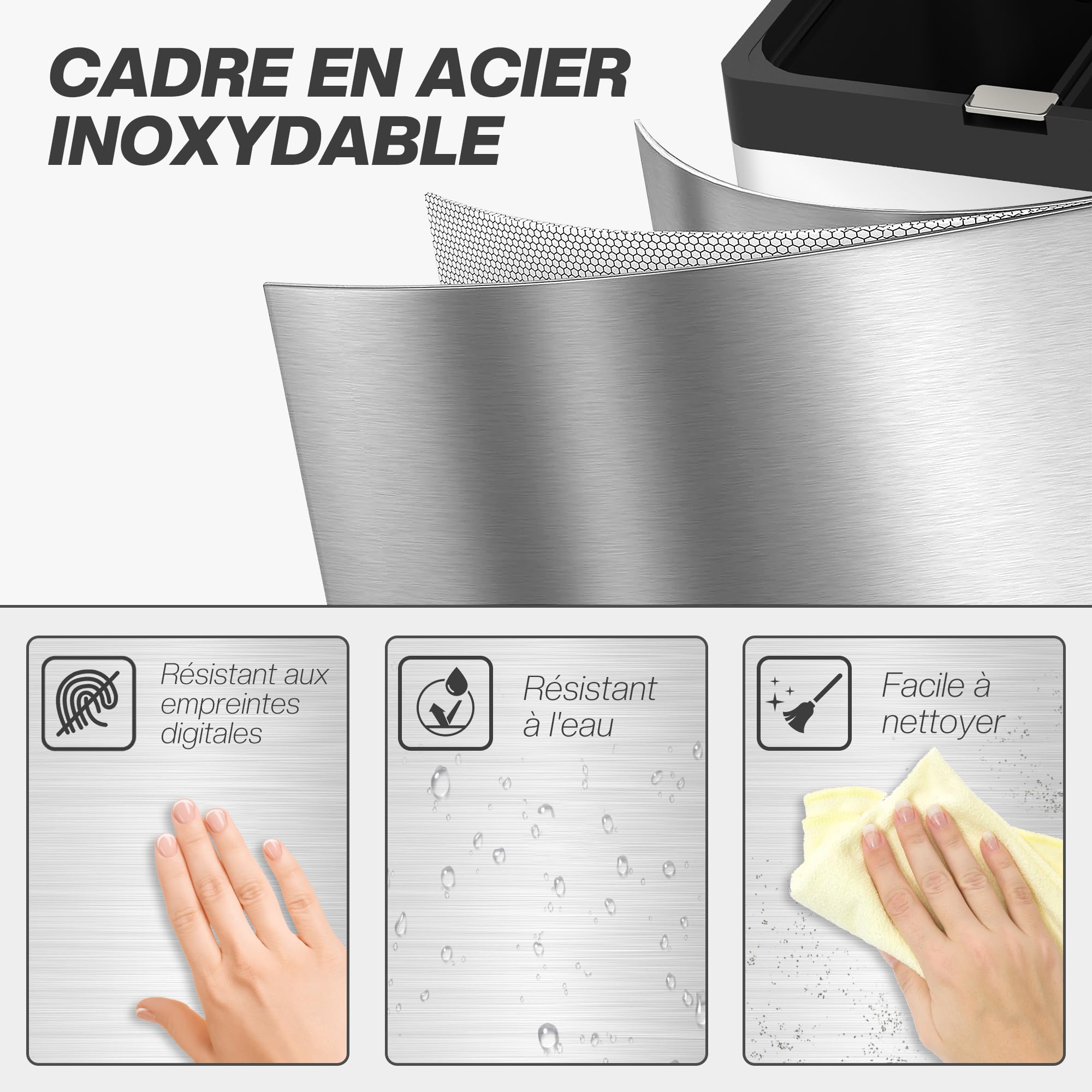 HOMCOM Poubelle de Cuisine Tri Sélectif 56L Acier INOX 410 Argent | Roulettes Recyclage, 3 Compartiments, Fermeture Douce, Pédale Large, Anti-Odeurs