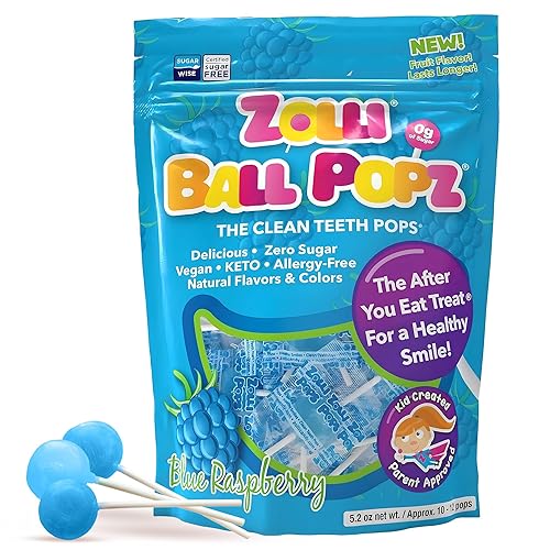 Zollipops Zolli Ball Popz Frambuesa azul, sin azúcar, hipoalergénico, vegano, apto para diabéticos, caramelo natural limpio para dientes