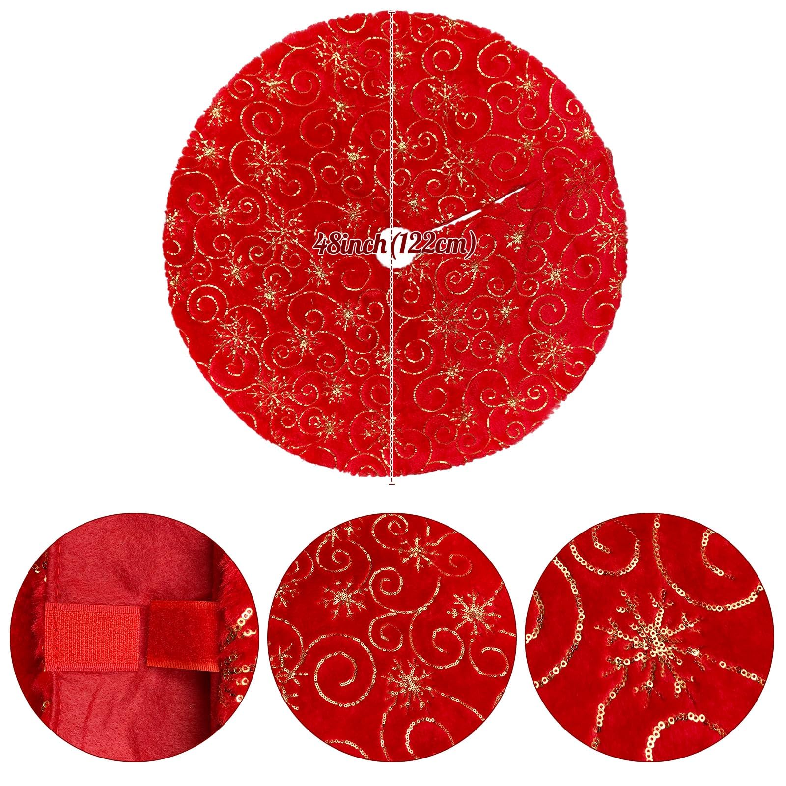 DecroXmas Christmas Tree Skirts 48 Inch Red Plush with Snowflake Design Xmas Tree Base Cover Faux Fur Thick for Christmas New Year Party Holiday Decorations 122 cm - Image 4