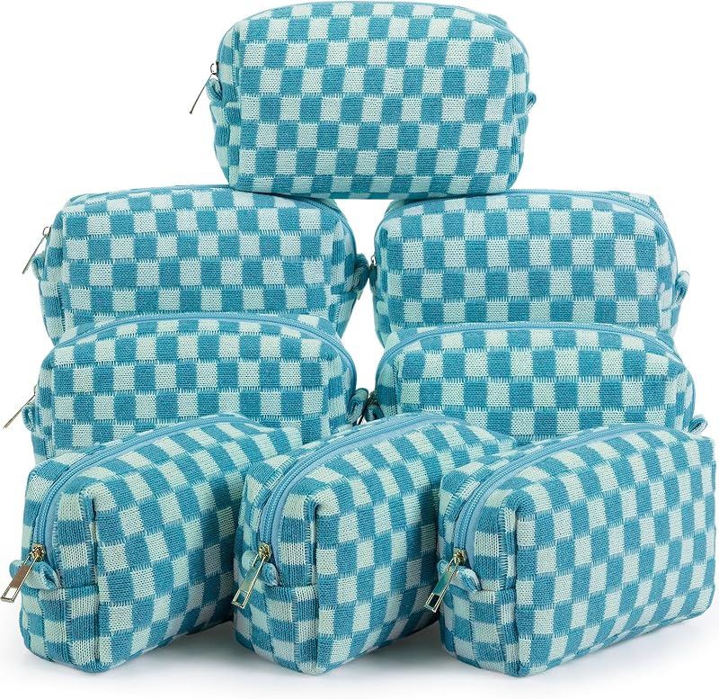 Gilprop Necessaire de Maquiagem Xadrez Lake Blue com Zíper, Pacote com 8