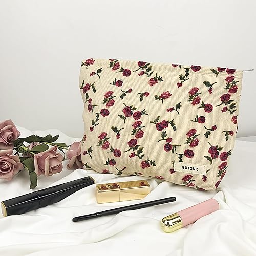 Miniatura 3 de Bolsa de maquillaje para mujer, bolsa de cosméticos de pana con diseño estético, estuche para lápices para niñas, lindo organizador de maquillaje de