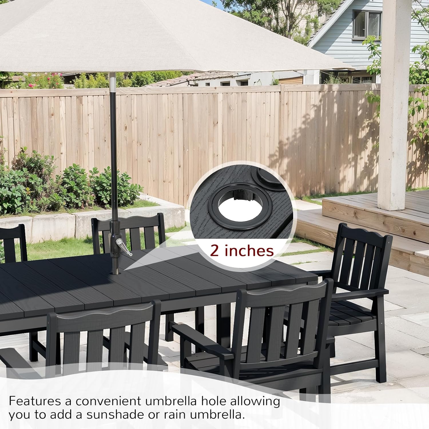 Stoog All-Weather Patio Dining Table for 6, 63" Waterproof HIPS Material Dining Table with Umbrella Hole, Never Rot or Fade, Black