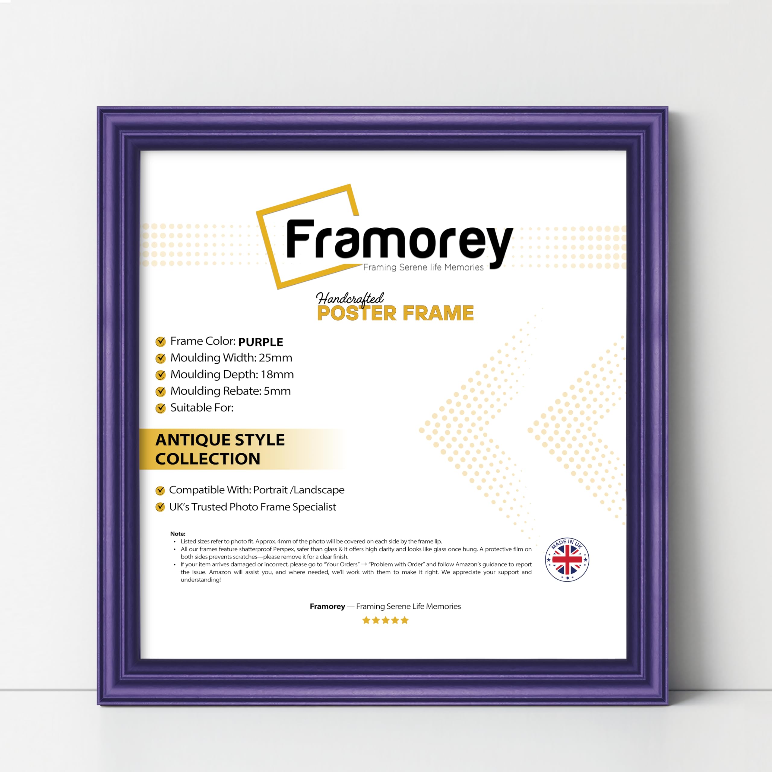 Framorey Framing Serene Life Memories Purple Framorey Square Picture Frame, 35X35cm Size Photo Frames, Lw Antique Poster Frame, Wall Hanging Oxford Frames, Premium Wooden Effect Frame