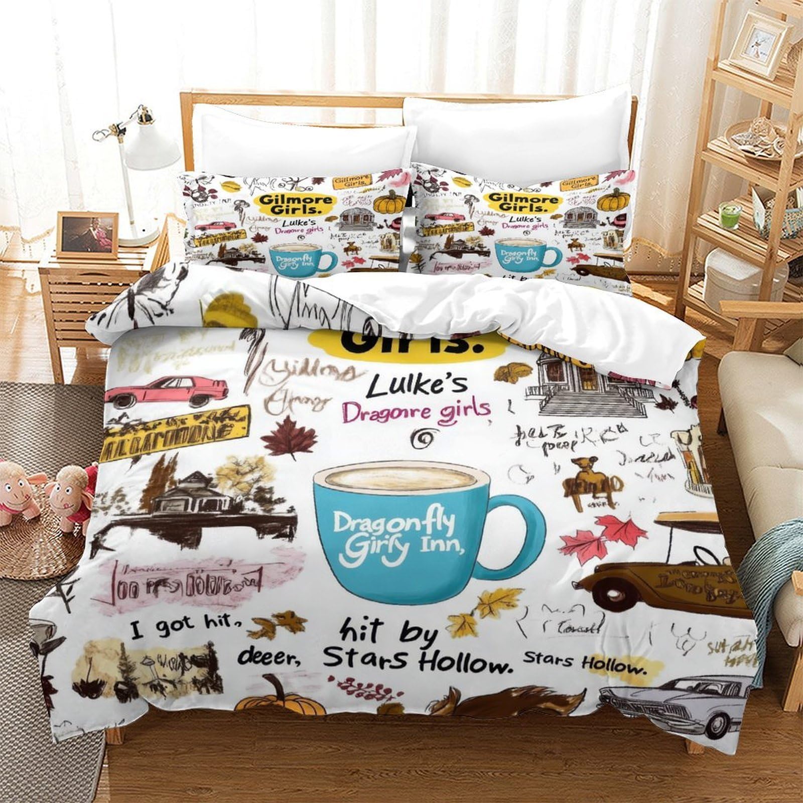 Arte di Gilmore Girls Impressione 3D 3 pz coperteletto illustrazione accogliente disegnata a mano cover piumone microfibra traspirante zip per ragazze adolescenti adulti King（220x240cm）