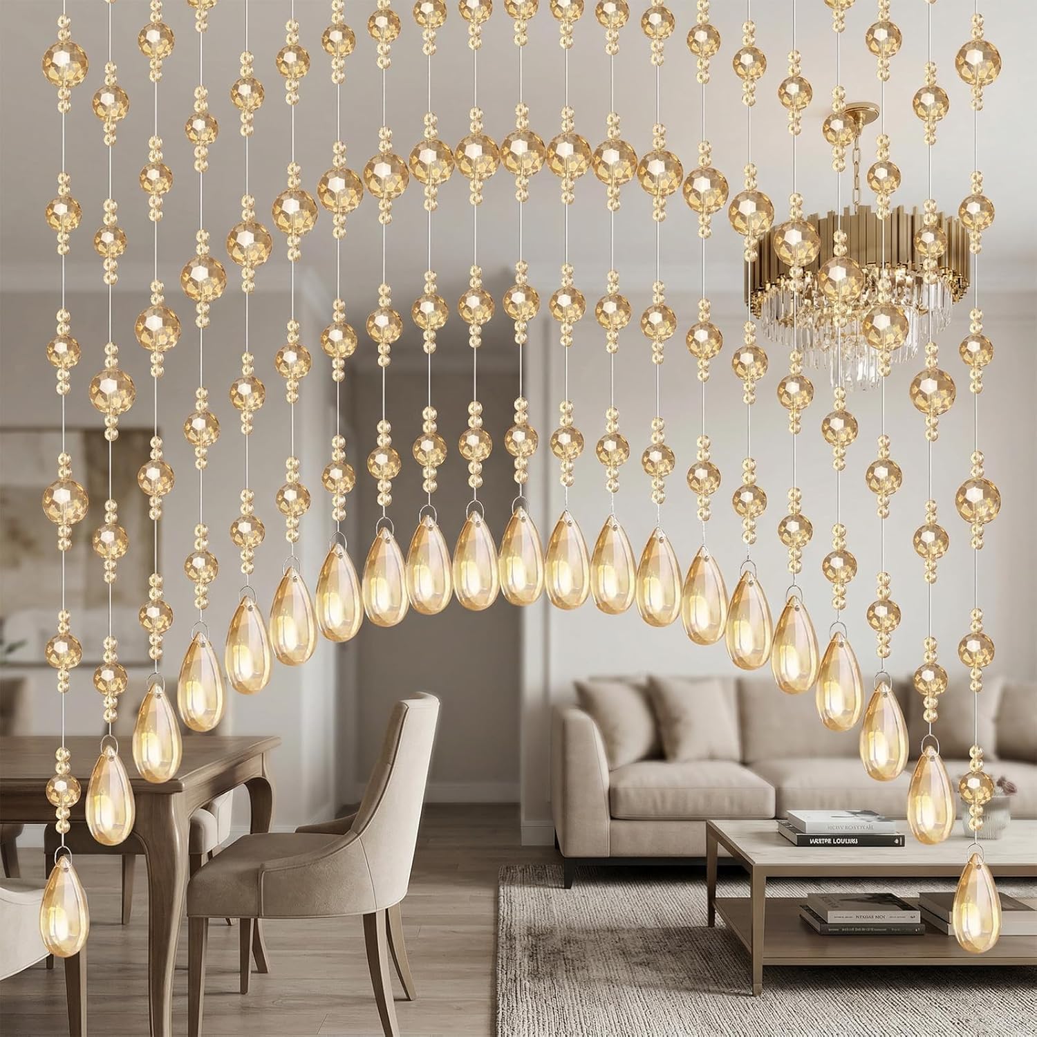 20 Strings Crystal Beaded Curtain, Arched Doorway Hanging Beads Curtain with Teardrop Pendants, Champagne Color Decorative Room Divider for Doorway, Living Room, Bedroom