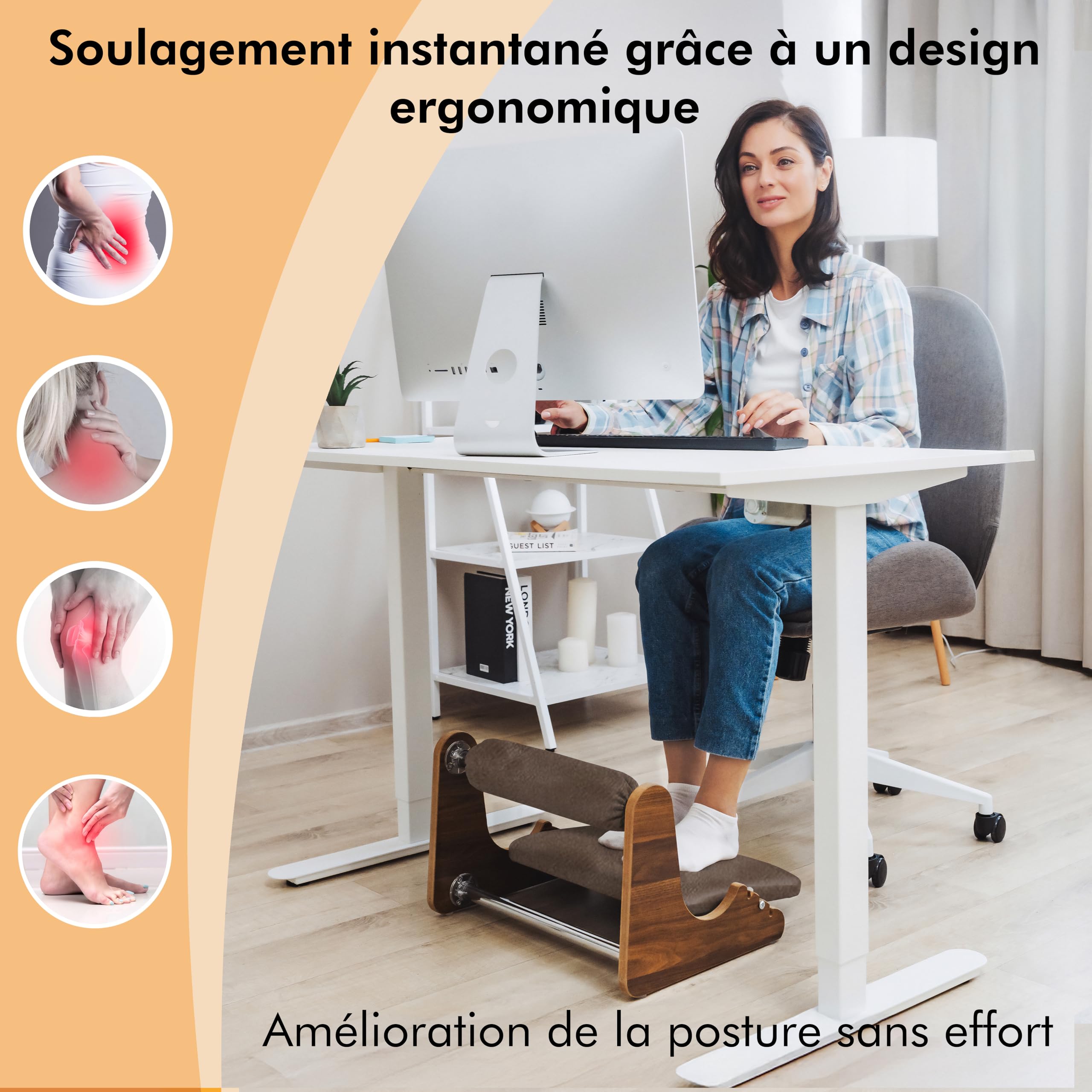Ergonomische Fußstütze aus Holz – 3 verstellbare Höhen (6/8/10 cm) – Knöchelstütze aus weichem Wildleder – Wippbasis – rutschfest – Komfort für Telearbeit & Büro