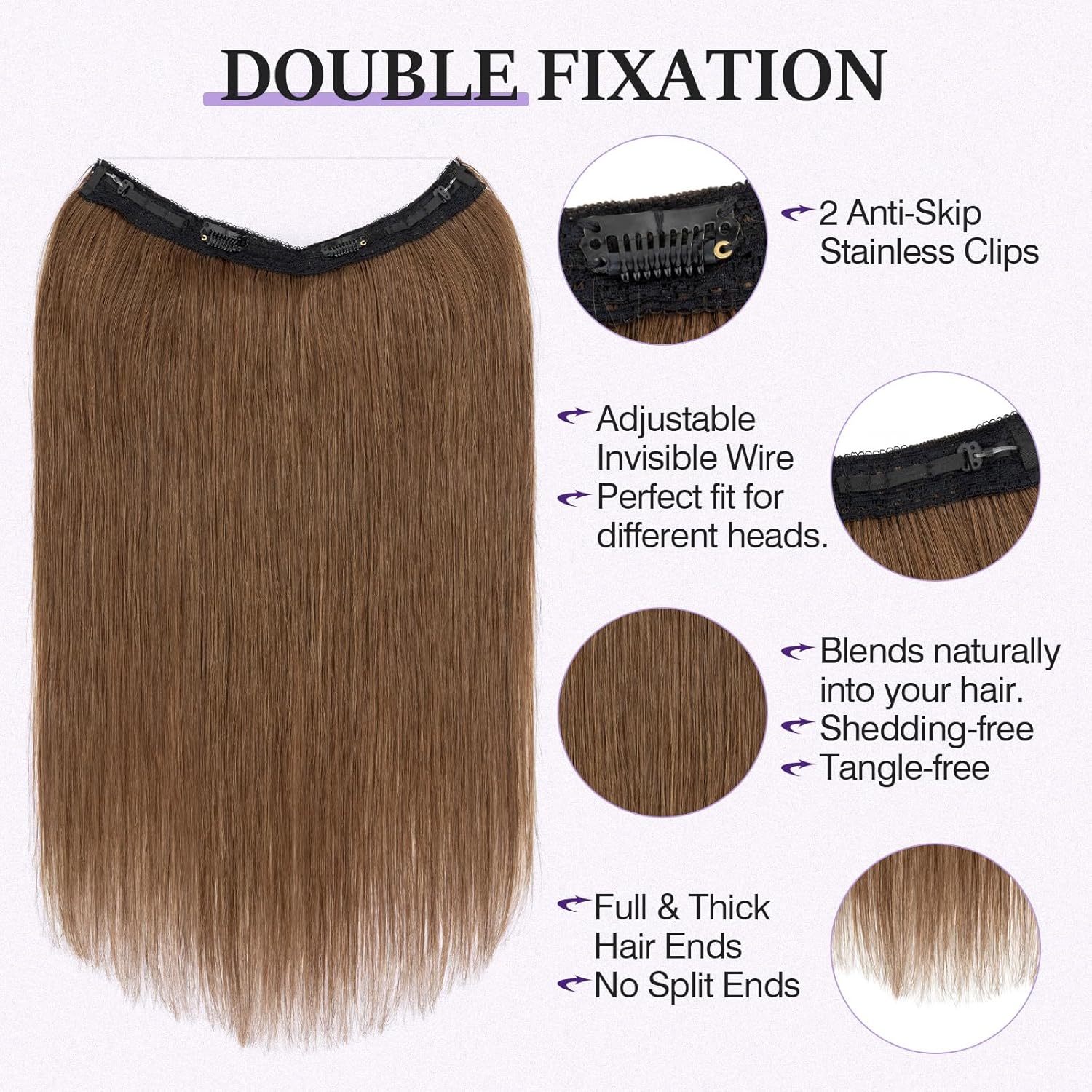 Halo Hair Extensions Real Human Hair,Halo Hair Extension 100% Human Hair, Wire Hair Extensions,Straight Warm Brown 18inch/65g