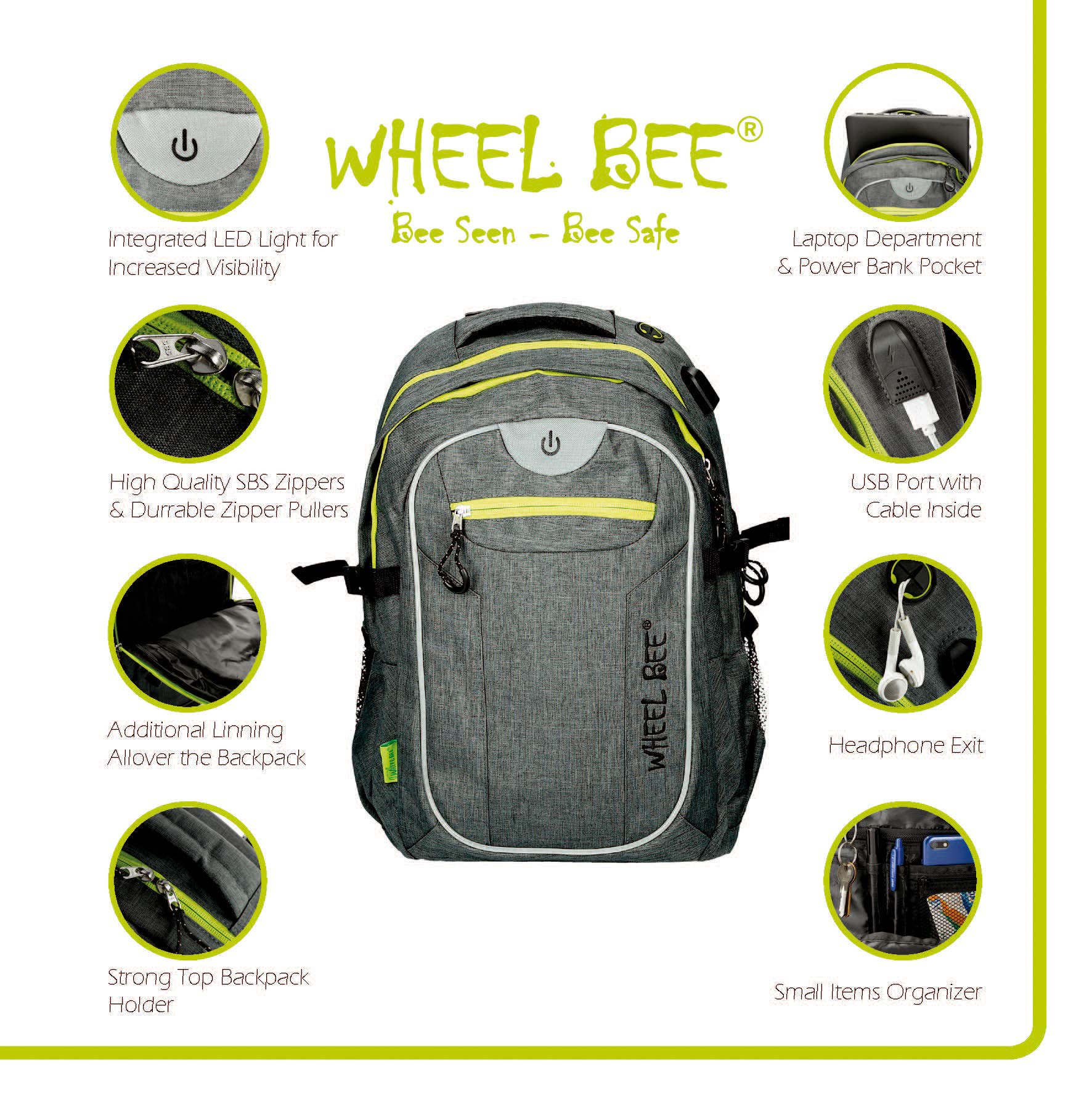 Wheel-Bee Rucksack Revolution, mit integriertem LED Licht (grün) und Reflektorstreifen für Sicherheit und Sichtbarkeit, 30 Liter Volumen, viele Fächer