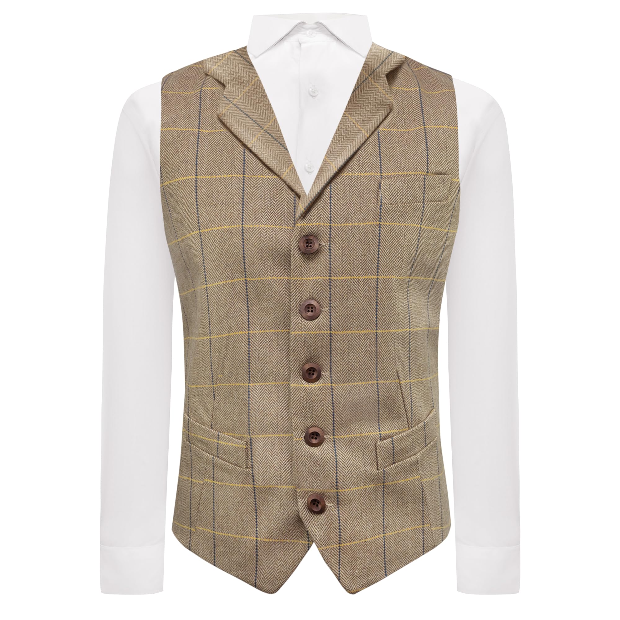 King & Priory Light Oak Brown Herringbone Check Waistcoat with Lapel - XXXL