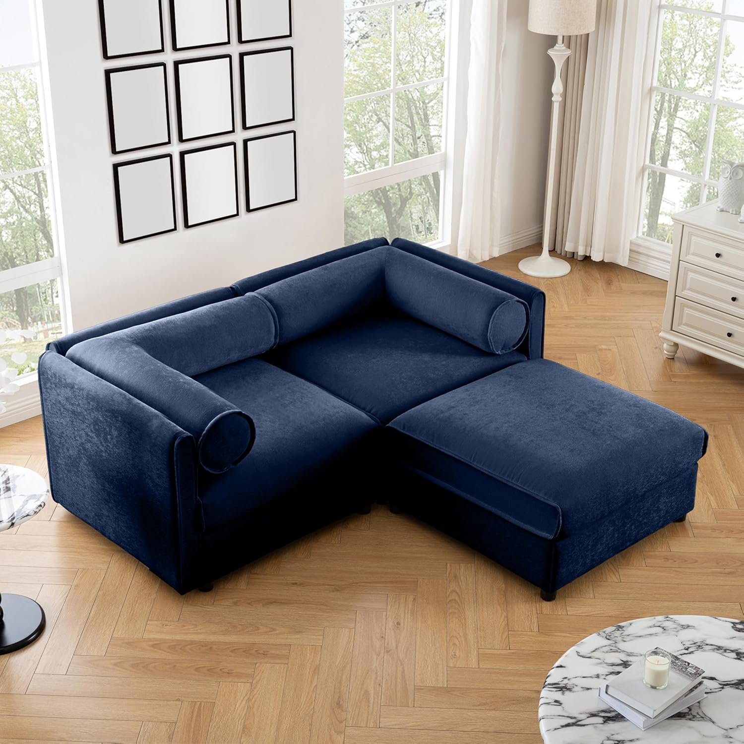 Oversized Modular Sectional Sofa, 75.5" Chenille Loveseat with Cylindrical Backrest & Armrest, Modern Comfy 2-Seat Sofa with Ottoman, Upholstered Deep Seat Couch for Living Room, White
