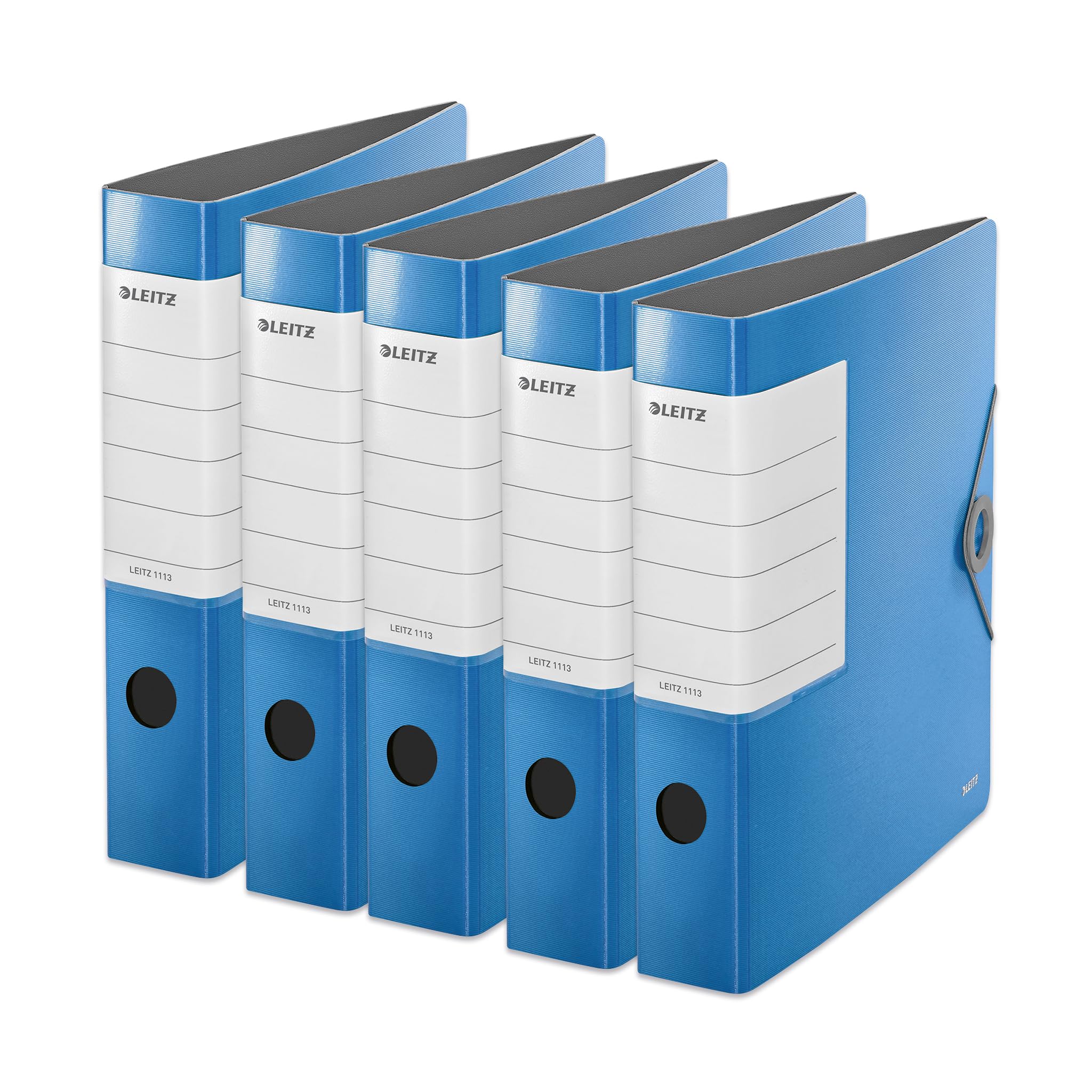 Leitz 11130030 - Raccoglitore di qualità a 180°, formato A4, sottile, azzurro, larghezza dorso 6,2 cm, chiusura con elastico, robusto polyfoam, targhetta posteriore sostituibile extra larga