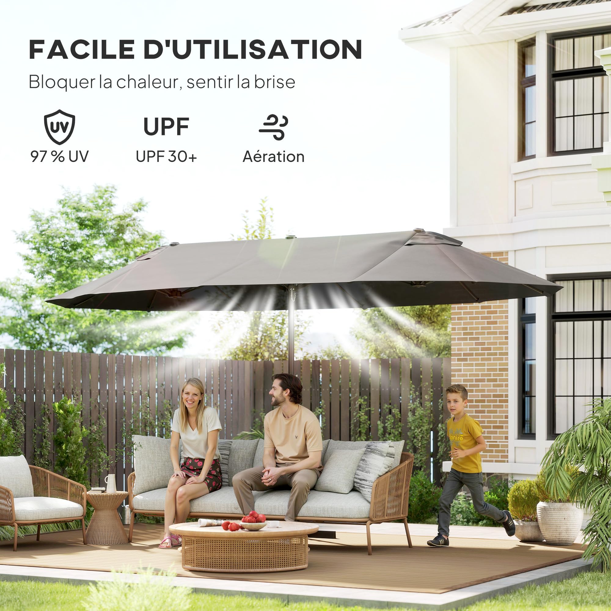 Outsunny Parasol de jardin XXL avec pied en croix parasol grande taille 4,6L x 2,7l x 2,4H cm ouverture fermeture manivelle acier polyester haute densité gris