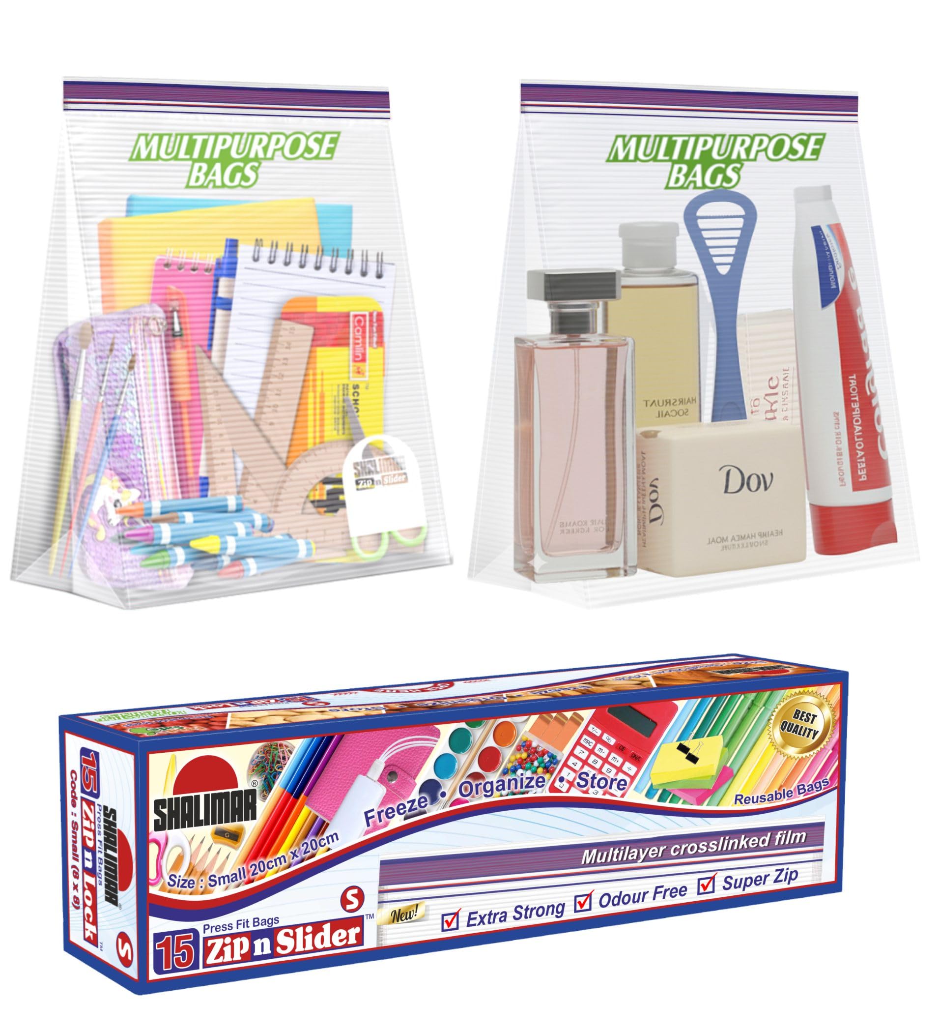 Zip 'N' Slider (Press Fit) Bags | Small (20 cm X 20 cm) | Pack of 15 Bags | Ziplock/Multi-Purpose Storage Bag | Reusable & Reclosable with Double Lock | Color - Natural