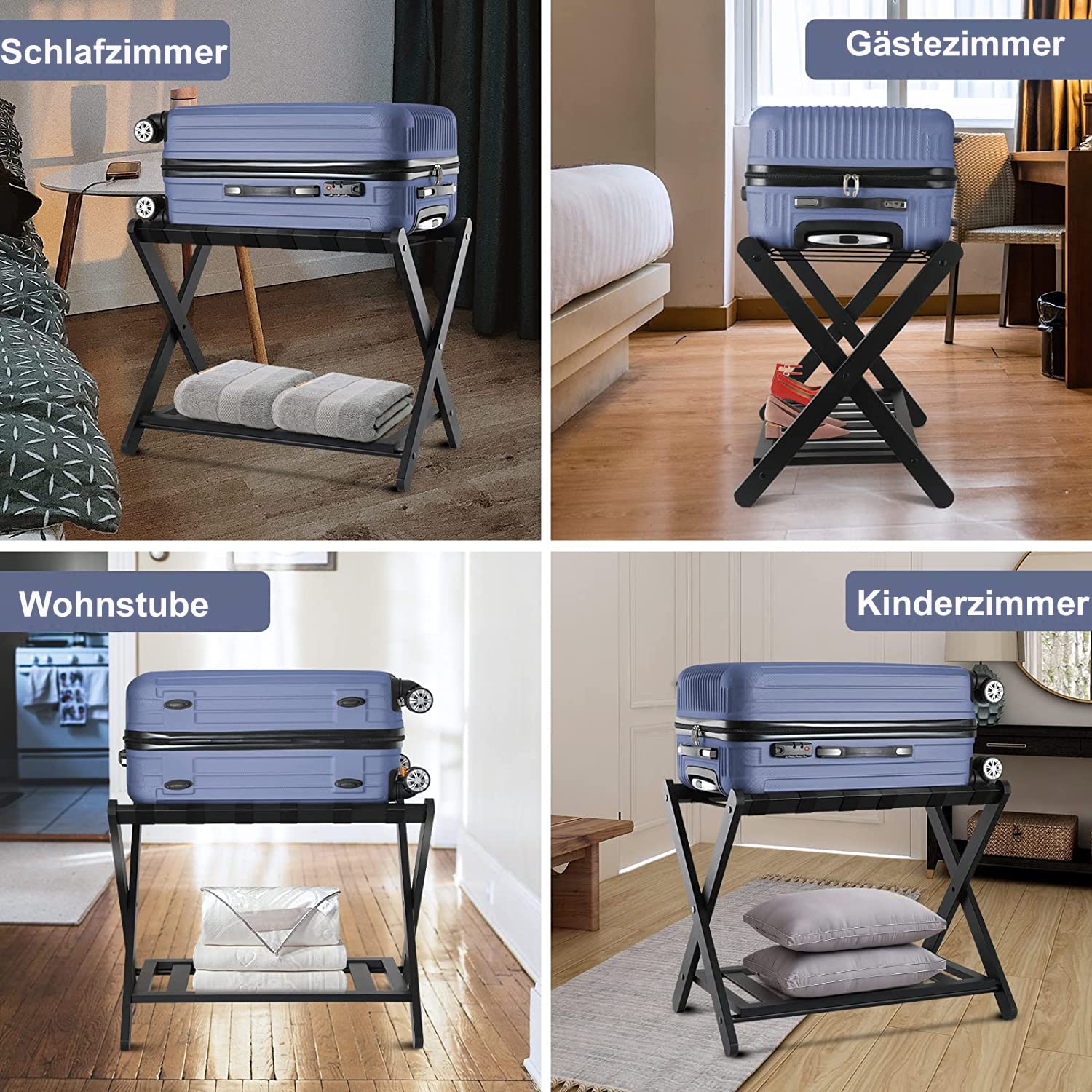 2-Stöckiger klappbar Kofferständer, Platzsparend Gepäckständer mit stabilen Gurten, Gepäckablage für Koffer & Reisetaschen, Kofferbock für Schlafzimmer, Gästezimmer, Schwarz