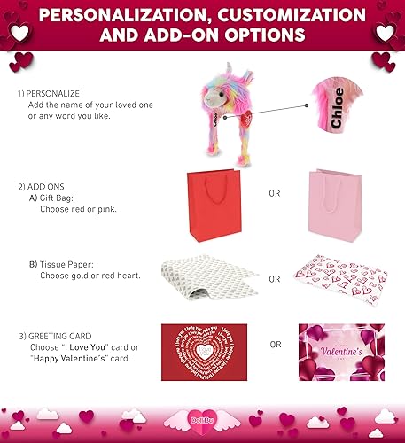 Miniatura 2 de DolliBu Sombrero de peluche con texto en inglés "I Love You" de San Valentín, bonito animal de peluche con corazón rojo y nombre, regalo