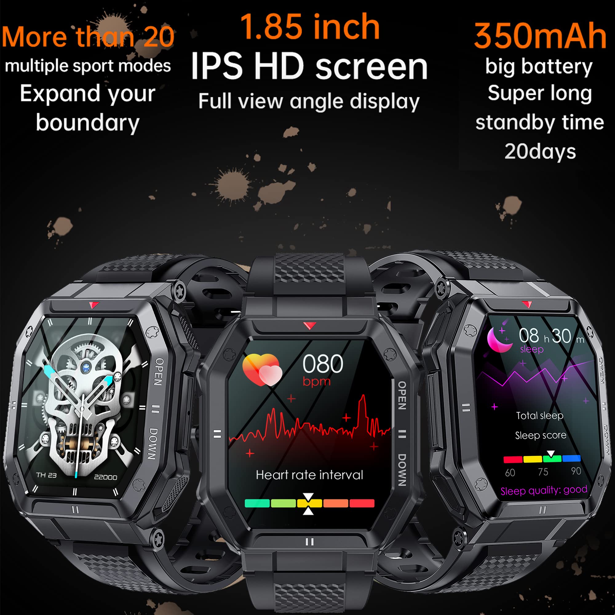 Smartwatch Hombre con Llamada Bluetooth/Marcación, 1.85" Reloj Inteligente con Reproductor de Música, Presión Arterial, Pulsómetro, SpO2, Monitor Sueño Smartwatch Android iOS(Black)
