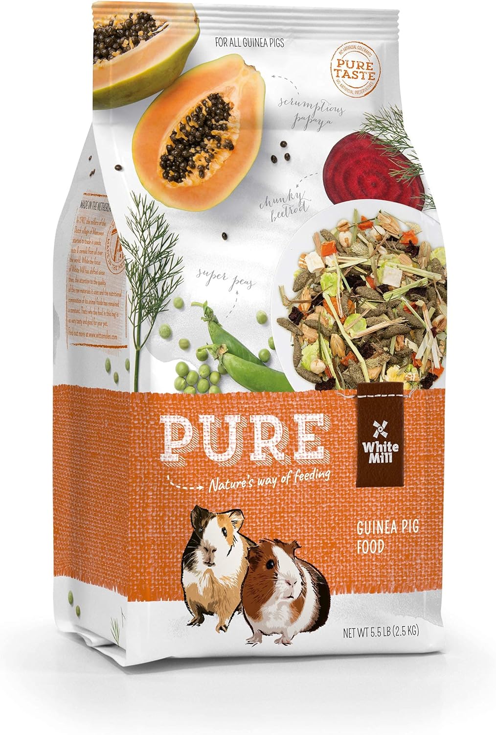 Witte Molen Pure Guinea Pig Food Mixture Papaya & Peas Dry, Mixture of hay, Fruits and Vegetables enriched with Vitamin C Promotes Digestion (Abyssinian, American, Coronet, Peruvian)