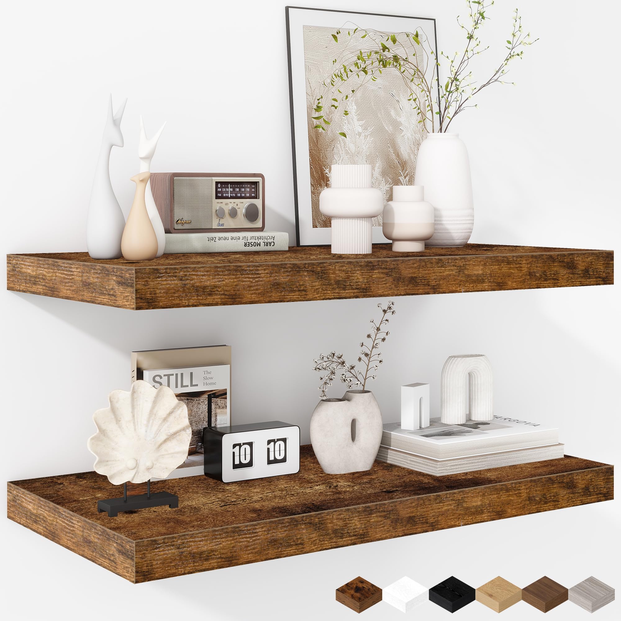 Fun Memories Floating Shelves - 2 Pack 12 Inch Deep Rustic Wooden Wall Shelves - Extra Deeper & Thicker Wall Mounted Storage Shelf for Living Room, Kitchen, Farmhouse - 24" W x 12" D x 1.5" H - Brown — image 1