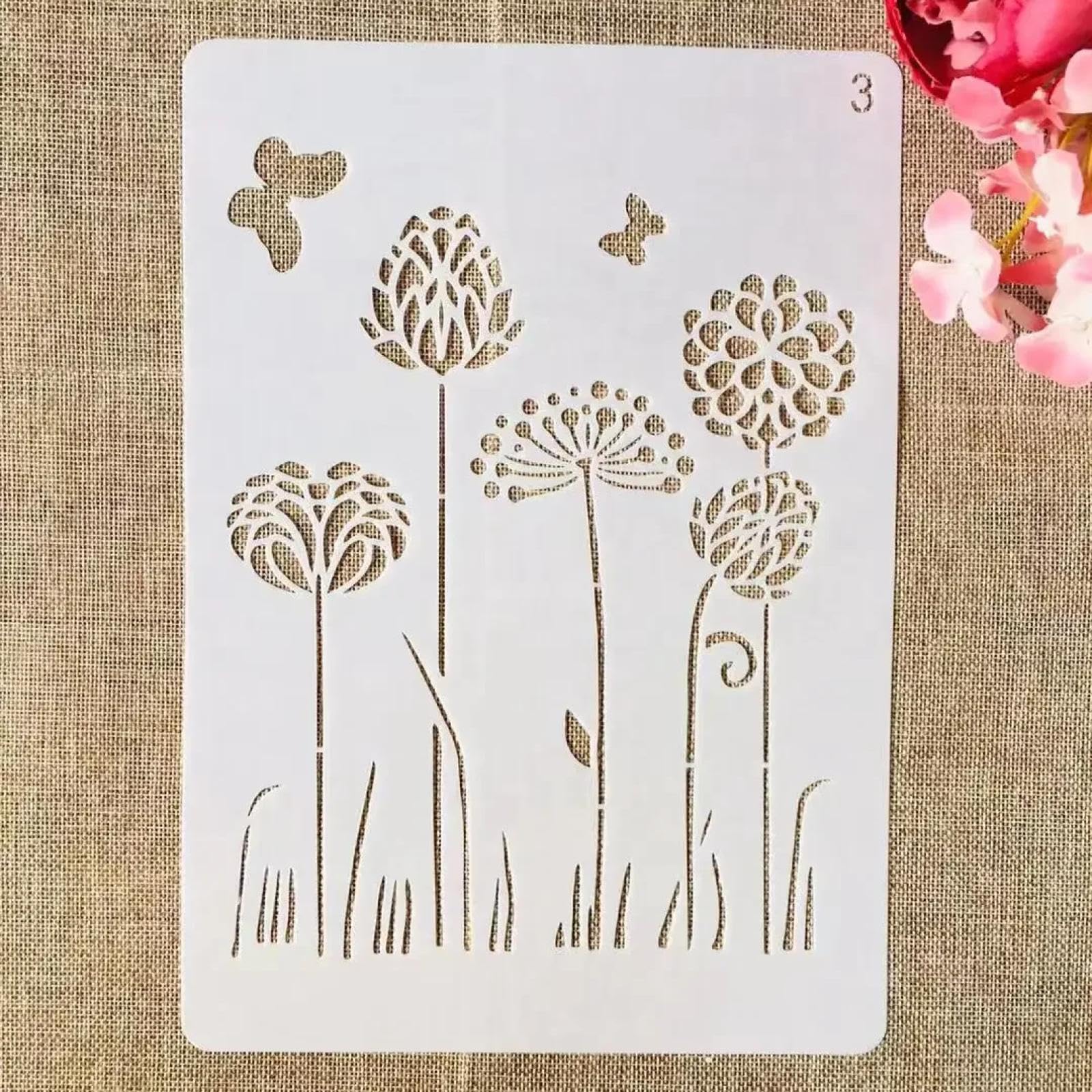 9 stencil A4, 29 x 21 cm, con simboli di fiori e foglie, per progetti artigianali, stencil per pittura su legno, parete, tessuto, roccia, lavagna