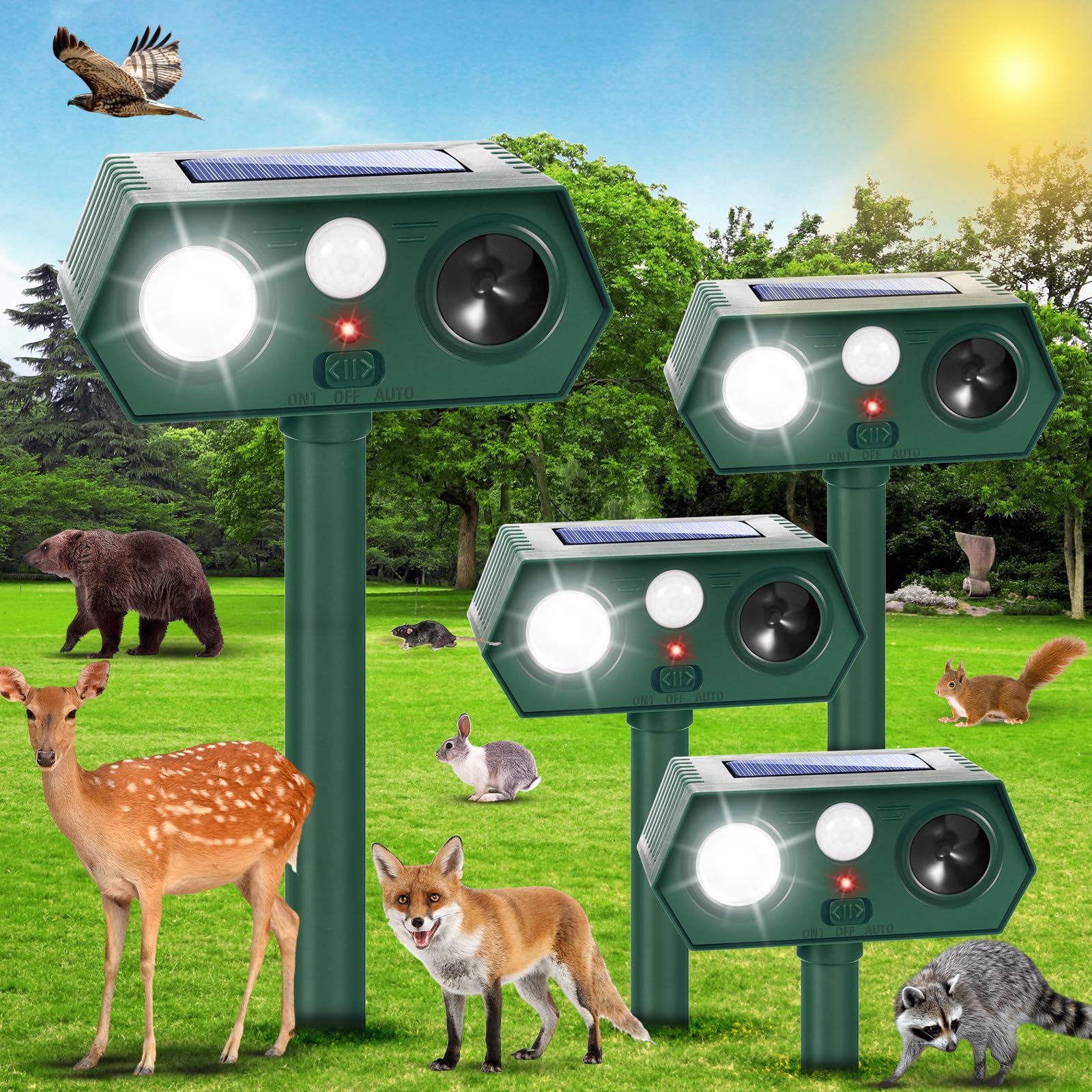 Photo 1 of 4Pack Sonic Fortress Pro Deer Repellent Device,Solar Ultrasonic Animal Repellent with Flash Light to Protect Hostas&Plants,Motion Activated Deer Repellent Devices for Plants,Yard,Garden