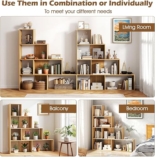 Miniatura 9 de Tangkula Estantería de 6 cubos, estantería independiente de 6 cubos escalonados Etagere en forma de L, estantería abierta de madera para sala de
