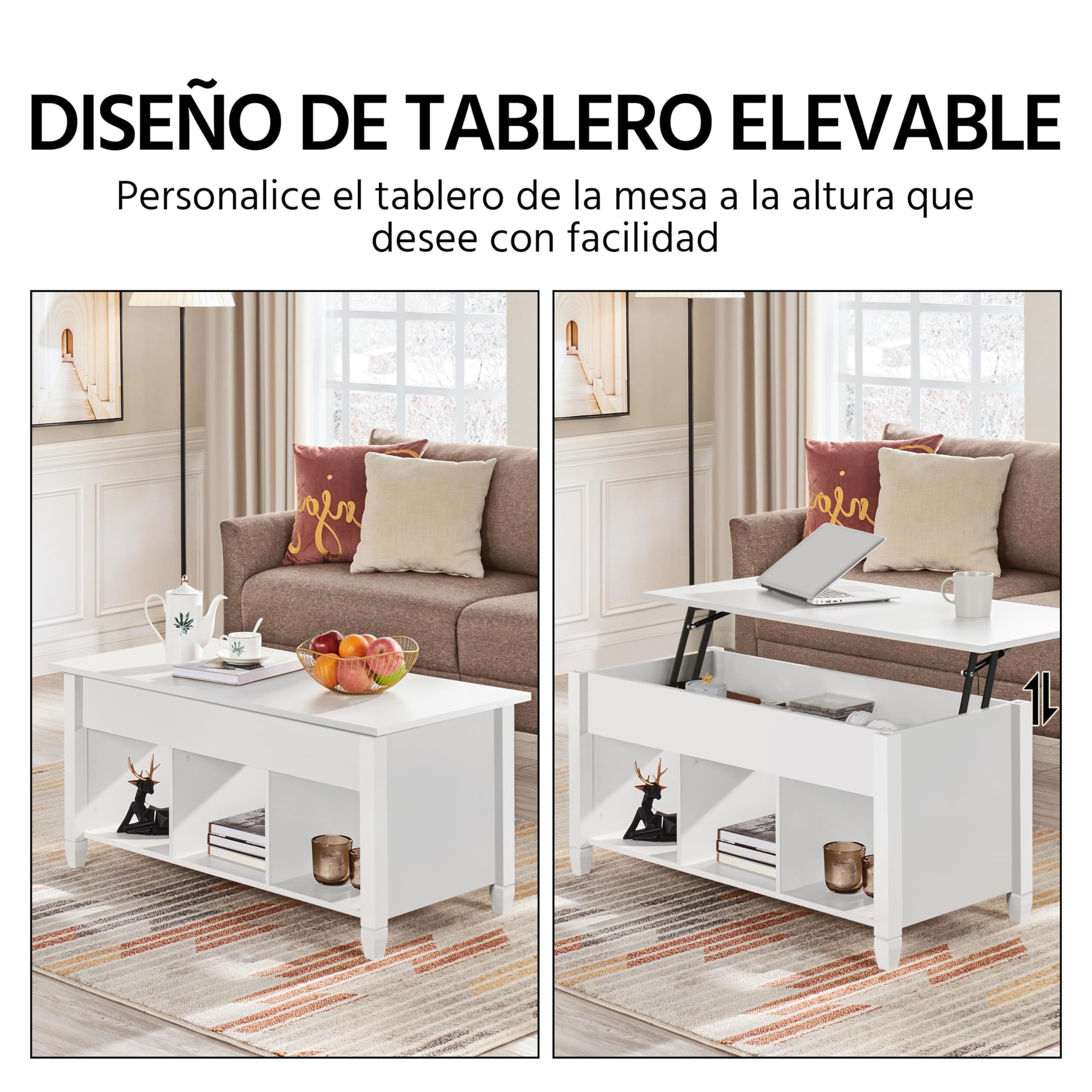 Yaheetech Mesa de Centro Elevable con Cajón 104,5 x 49,5 x (49-62) cm | Mesa de Café para Salón de Estilo Moderno con Patas de Madera Maciza Blanco