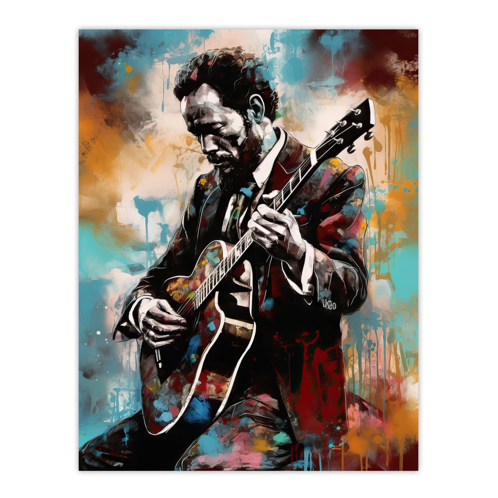 Artery8 Country Music Colourful Oil Painting Musician Playing Guitar Portrait Extra Large XL Wall Art Poster Print