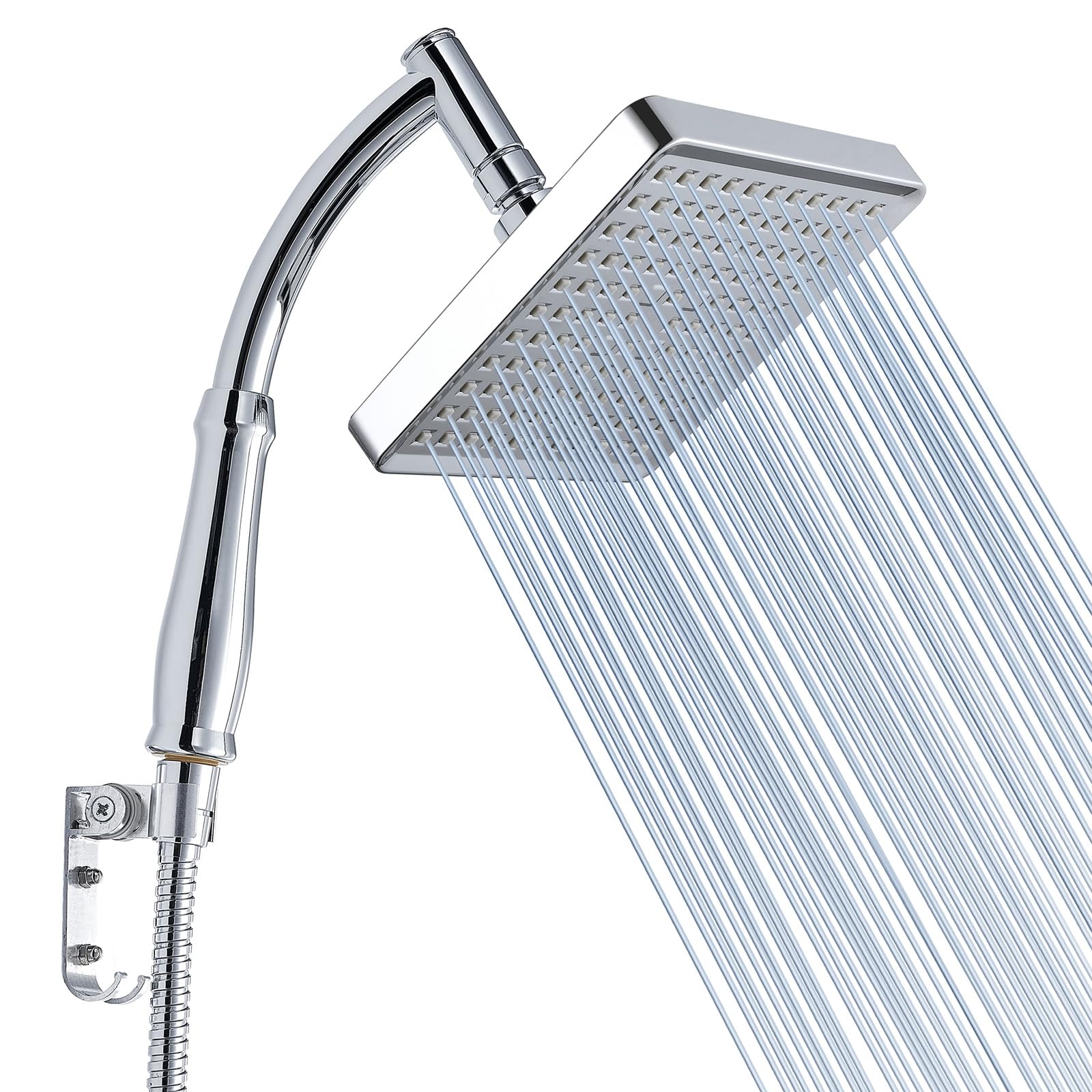 Cabezal de Ducha Voolan Rain con Brazo de Ducha de Mano, Ducha de Mano de Alta Presión Cromada, Cabezal de Ducha Cuadrado de 15cm con Brazo Extensible y Kits de Soportes.