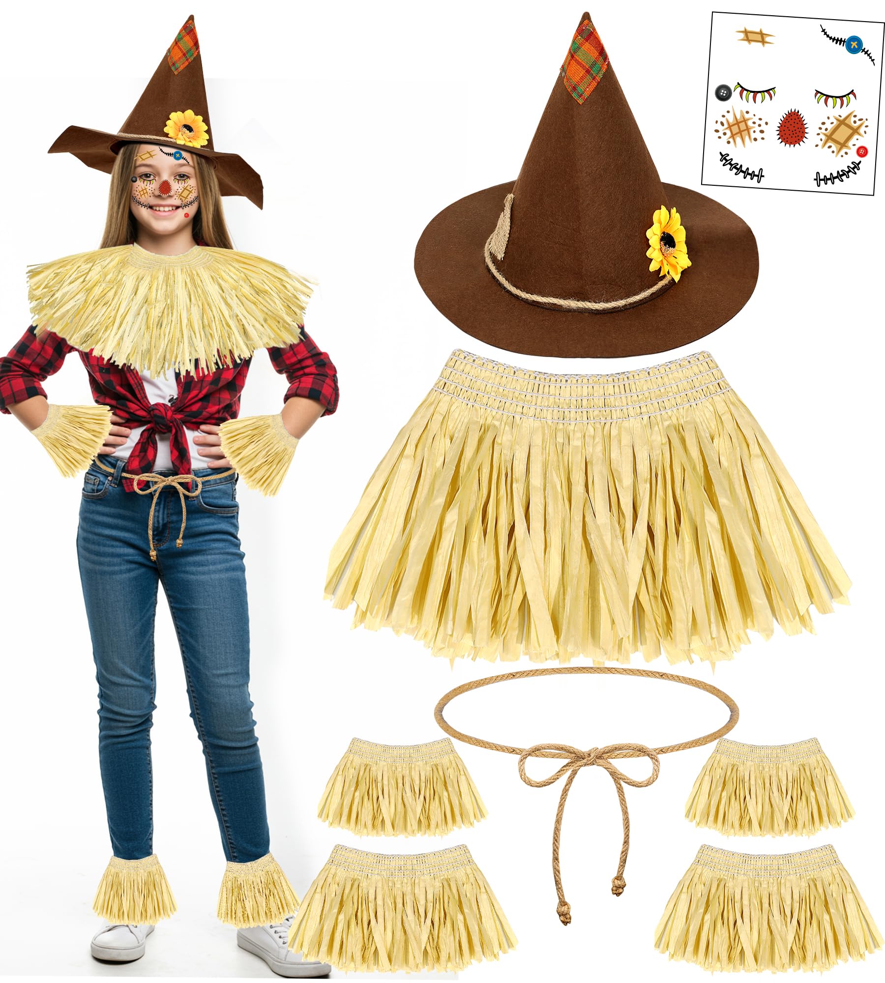 Gofriipai Scarecrow Costume Adult Women, Scarecrow Hat Headband Neck Piece Wrist Leg Ties Face Decals Makeup, Accessories Set for Halloween