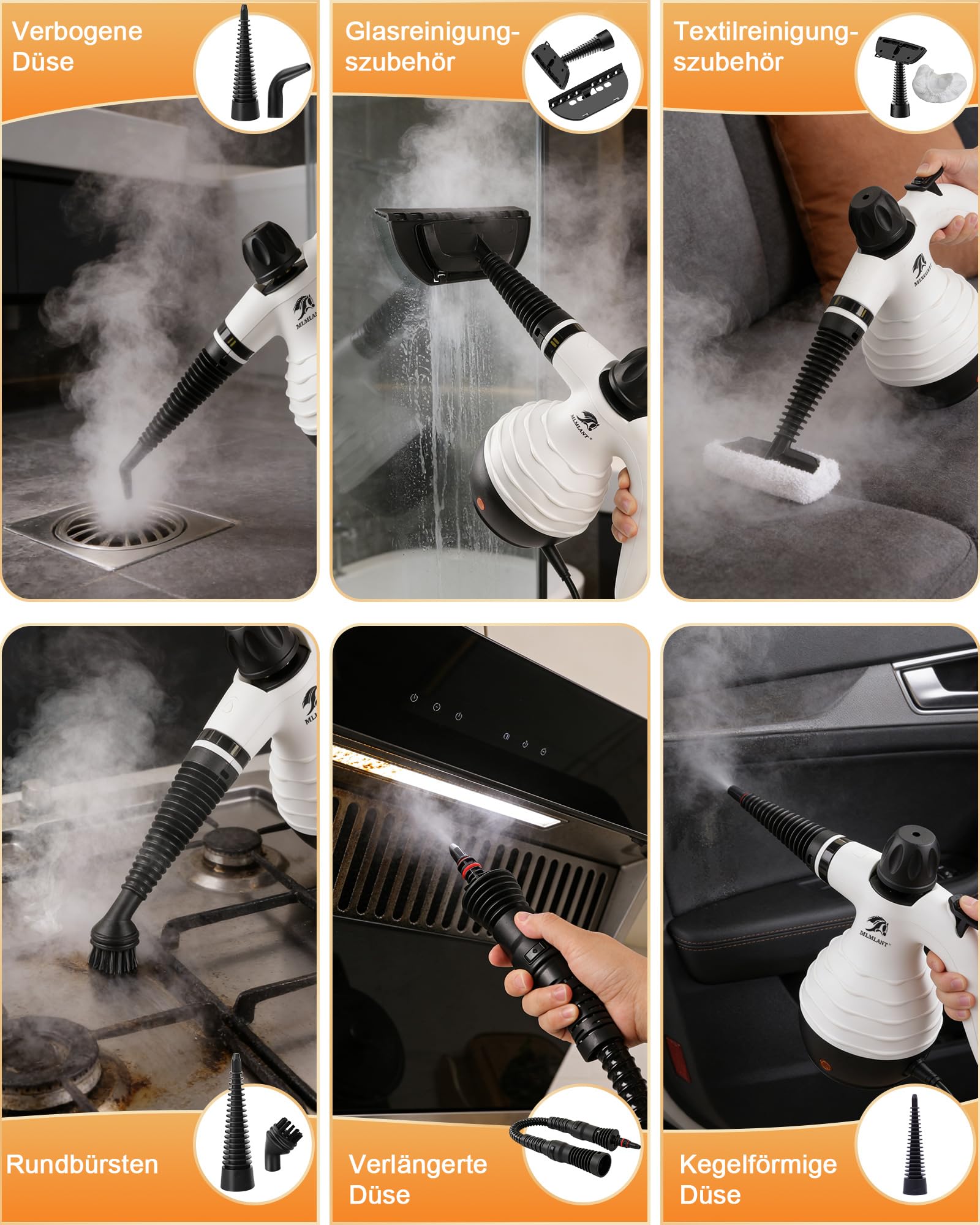 MLMLANT Dampfreiniger, Multifunktionaler Tragbarer Dampfreiniger mit Sicherheitsverriegelung und 10-teiligem Zubehörset, geeignet für Teppiche, Sofas, Polstermöbel, Matratzen, Autositze, und mehr