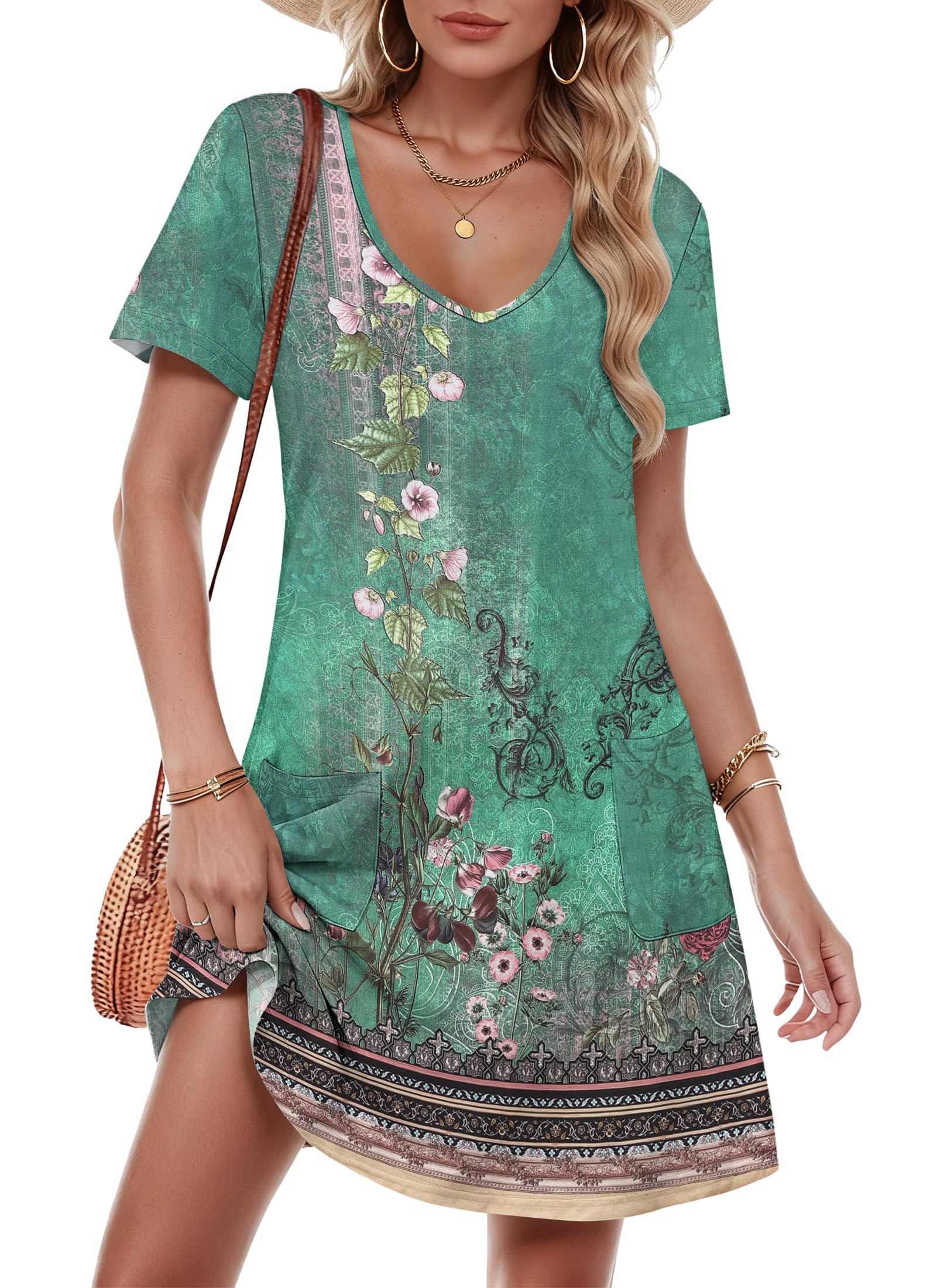 MOLERANI Summer Dresses for Women UK - V Neck Ladies Dress Short Sleeve Dress with Pockets Vintage Green 2XL