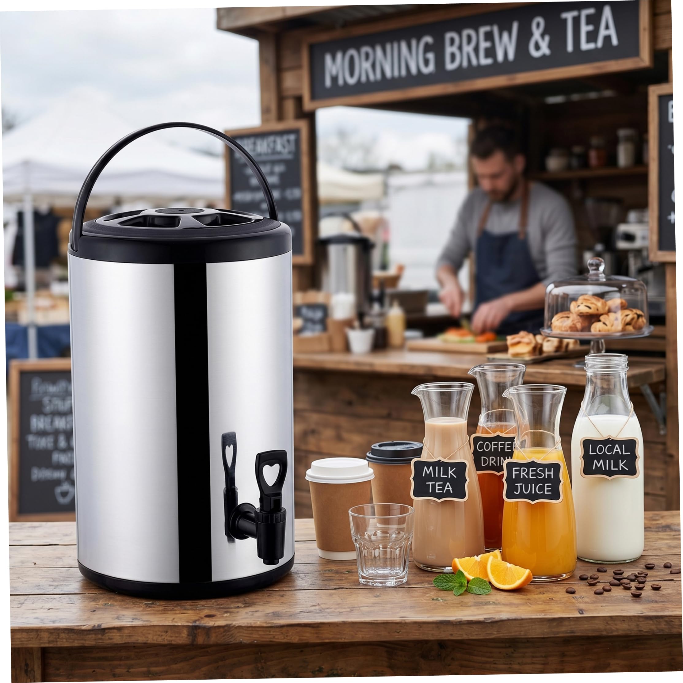 Distributore di tè isolato per bevande, grande urna in acciaio inox da 6 l, con conservazione della temperatura di lunga durata, per bancarelle alimentari e negozi per la colazione, nero