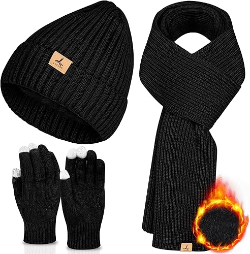 Juego de 3 piezas de gorro de invierno y bufanda, gorro de punto suave y cálido, guantes para pantalla táctil, juego de bufanda de punto largo,