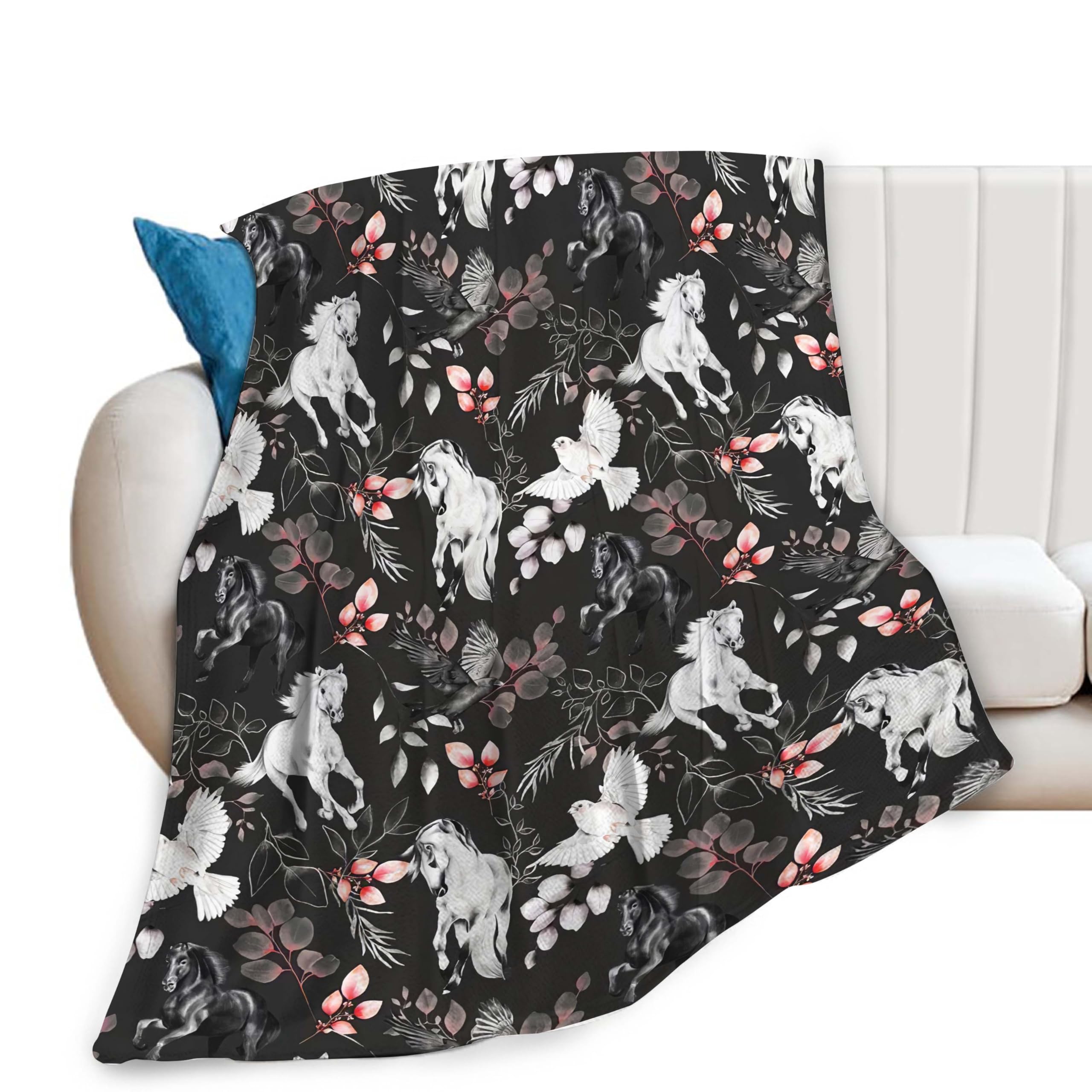 Horse Blanket Black and White Horse Bird Decor Throw Blanket Gifts for Girls Boys Animal Lover Couch Bedding Super Warm Soft Plush Lightweight Fleece Flannel Blanket for Kids Adults Men Women 50"X40"