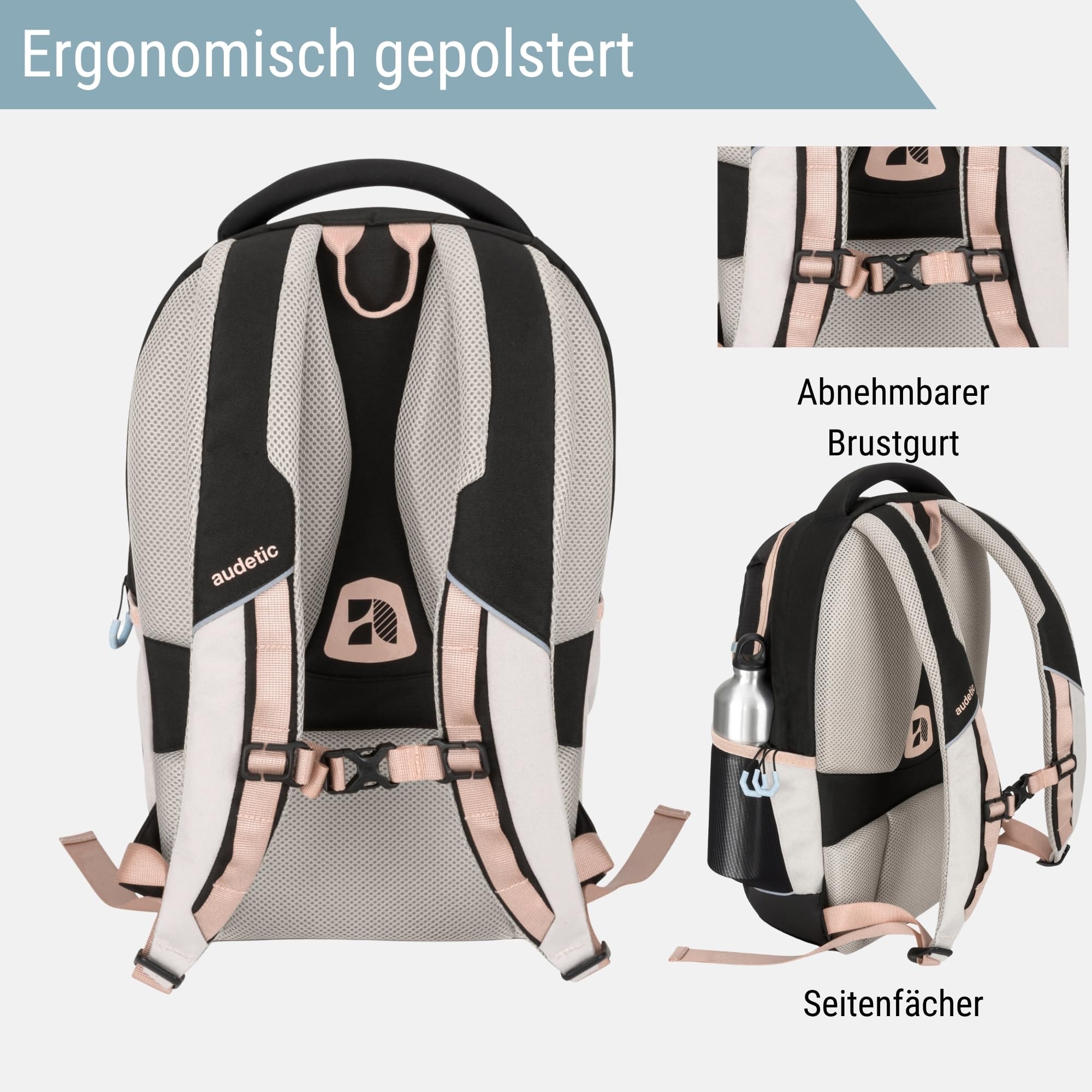 AUDETIC Schulrucksack Teenager Schwarz Rosa - AERO Backpack - Schulranzen für Jungen & Mädchen - 21 Liter - Ergonomischer Rucksack mit vielen Fächern für Schule & Freizeit - Wasserabweisend