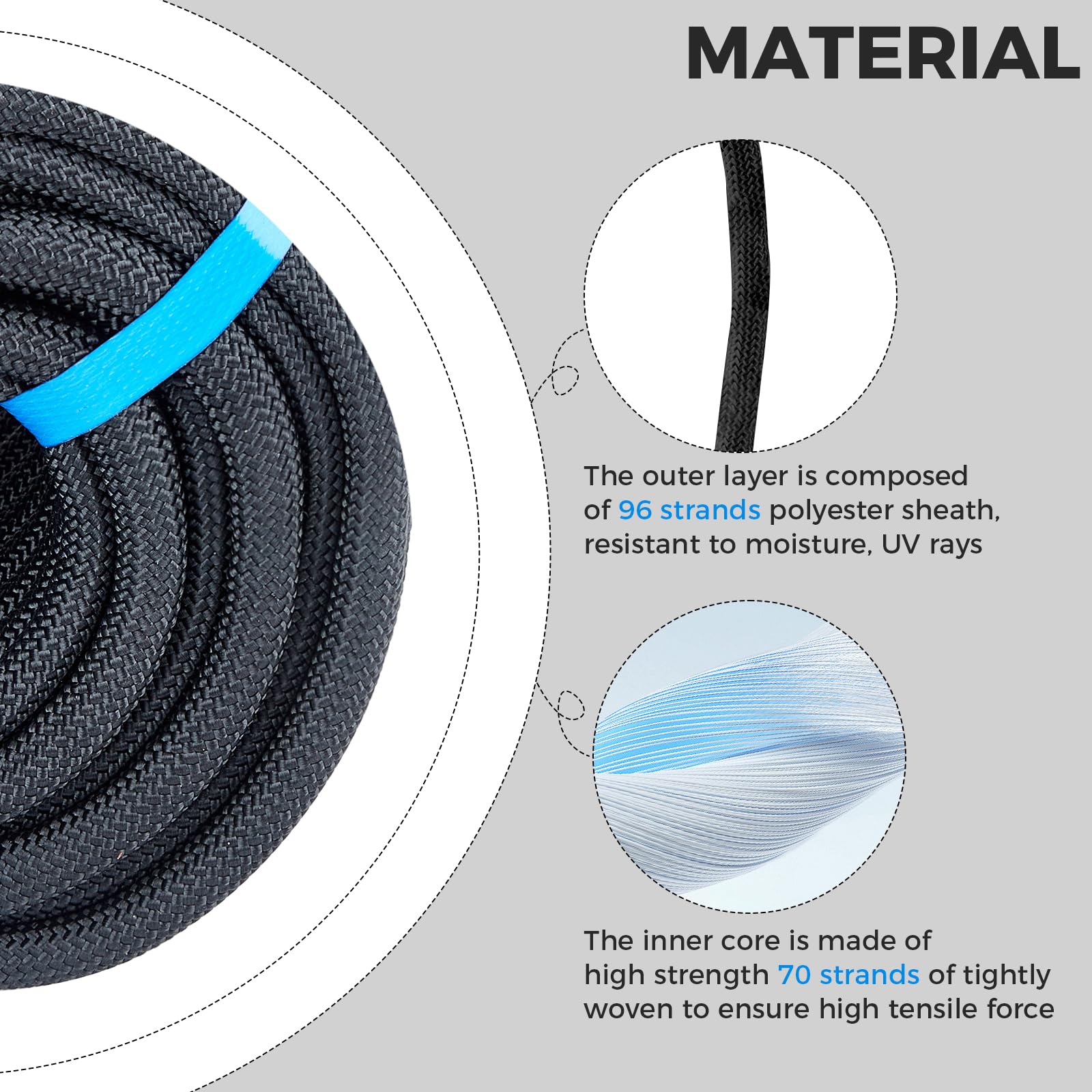 Cuerda de Escalada de 1/2 Pulgada, 150 pies, Cuerda de arborista de poliéster Trenzado Doble, Cuerda de Nailon Resistente para Anclaje, Trabajo en árboles, Carga, Tirar, Vela (Negro)