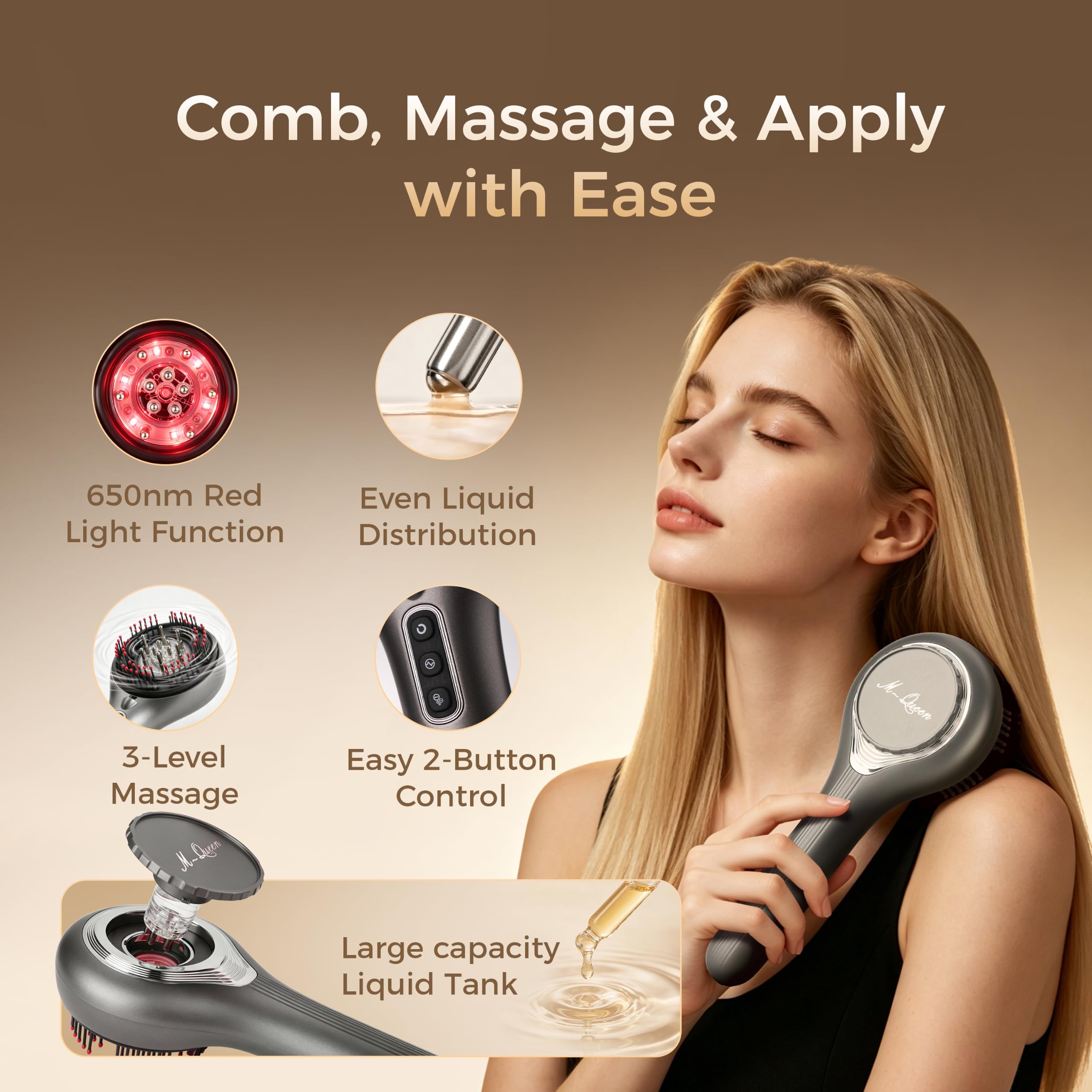 M-queen Hair Oil Applicator & Electric Scalp Massager, 5-in-1 Scalp Oil Applicator with 6ML Serum Reservoir, Red LED Mode, 3 Massage Levels, USB-C Rechargeable, IPX6 Waterproof