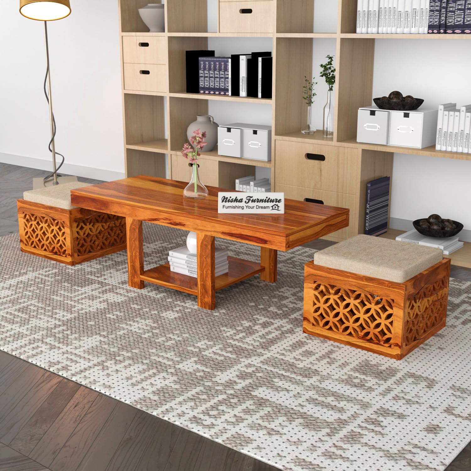 SIGNATURE KRAFT Solid Sheesham Wood Coffee Table with 2 Stools for Home, Office | Wooden Center Cofee Table for Living Room, Center Table with Shelf Storage, Carved- Natural Teak Finish (B0D3BXKZTW) Amazon Price History, Amazon Price Tracker