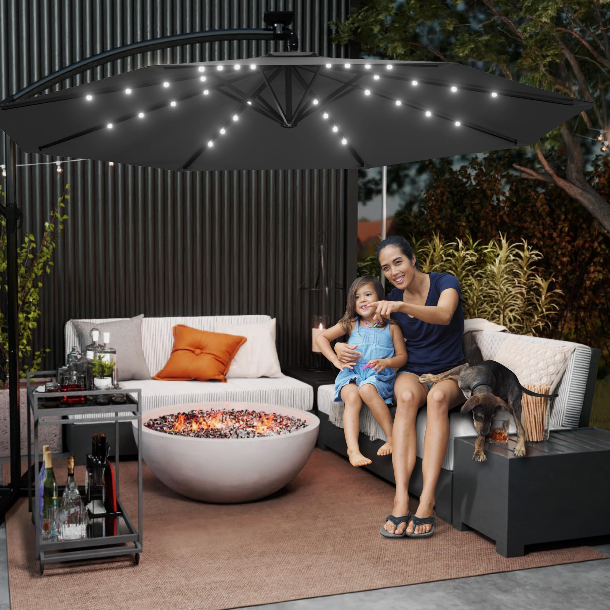 FIVMEN Solarny parasol przeciwsłoneczny LED, 300 cm, z korbą, aluminiowy, na balkon, ze stojakiem, ochrona przed promieniowaniem UV, taras, do ogrodu, na plażę, ciemnoszary