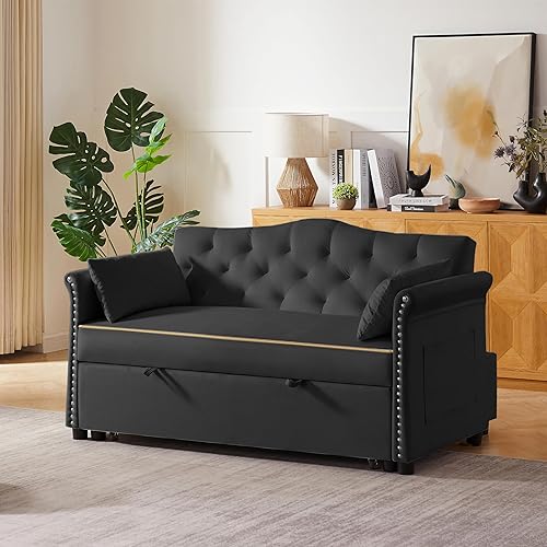 Miniatura 3 de sofá cama de terciopelo de 58 pulgadas, convertible 3 en 1 con bolsa de almacenamiento y respaldo ajustable, perfecto para espacios pequeños, sala 7