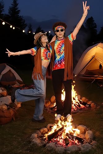 Miniatura 3 de Disfraz hippie para hombre, trajes de los años 60 y 70, accesorios de teñido anudado, conjunto de camisa con flecos, chaleco de carnaval, peluca de