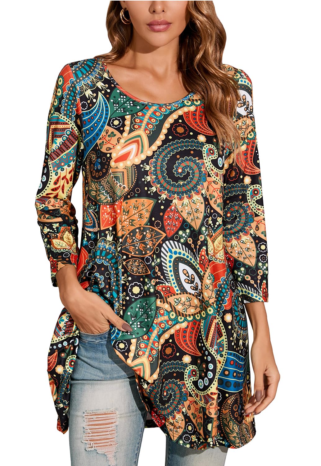 Womens Tops 3/4 Sleeve Plus Size Tunics to Wear with Leggings Dressy Casual Loose Blouses Swing Flare T-Shirt S-5XL