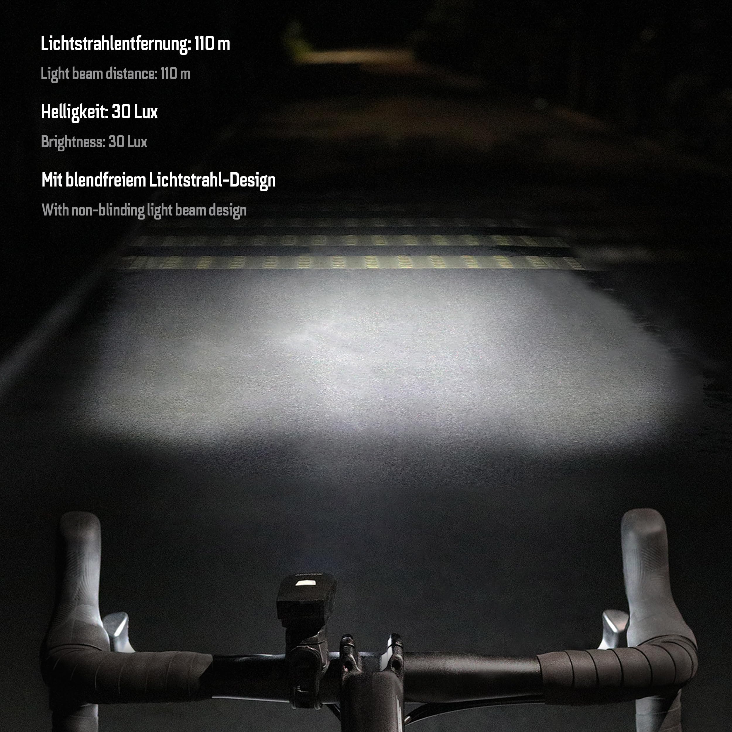 ADDVIEW Fahrradlicht-Set Brilliance – LED Frontlicht 30 Lux mit Akku & Rücklicht mit Batteriebetrieb, StVZO zugelassen, IP65 wasserdicht, kabellose Verbindung, werkzeugfreie Montage, 110 m Reichweite