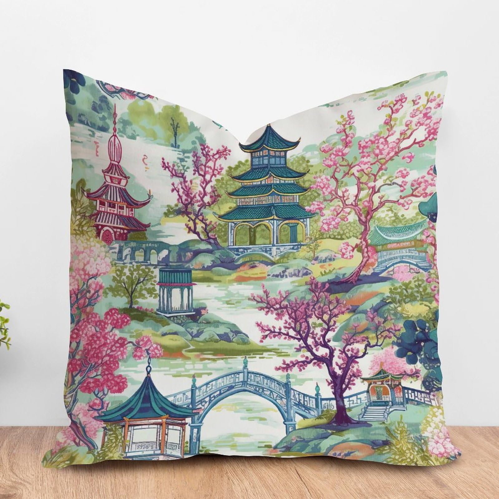 PODbyyou Pagoda Green Pink Flower Farmhouse Cushion Covers Asian Dark Green Pagoda Home Decor Cushion Cover Japanese Asian Style Double Side Toss Pillows for Sofa 16x16in White Linen