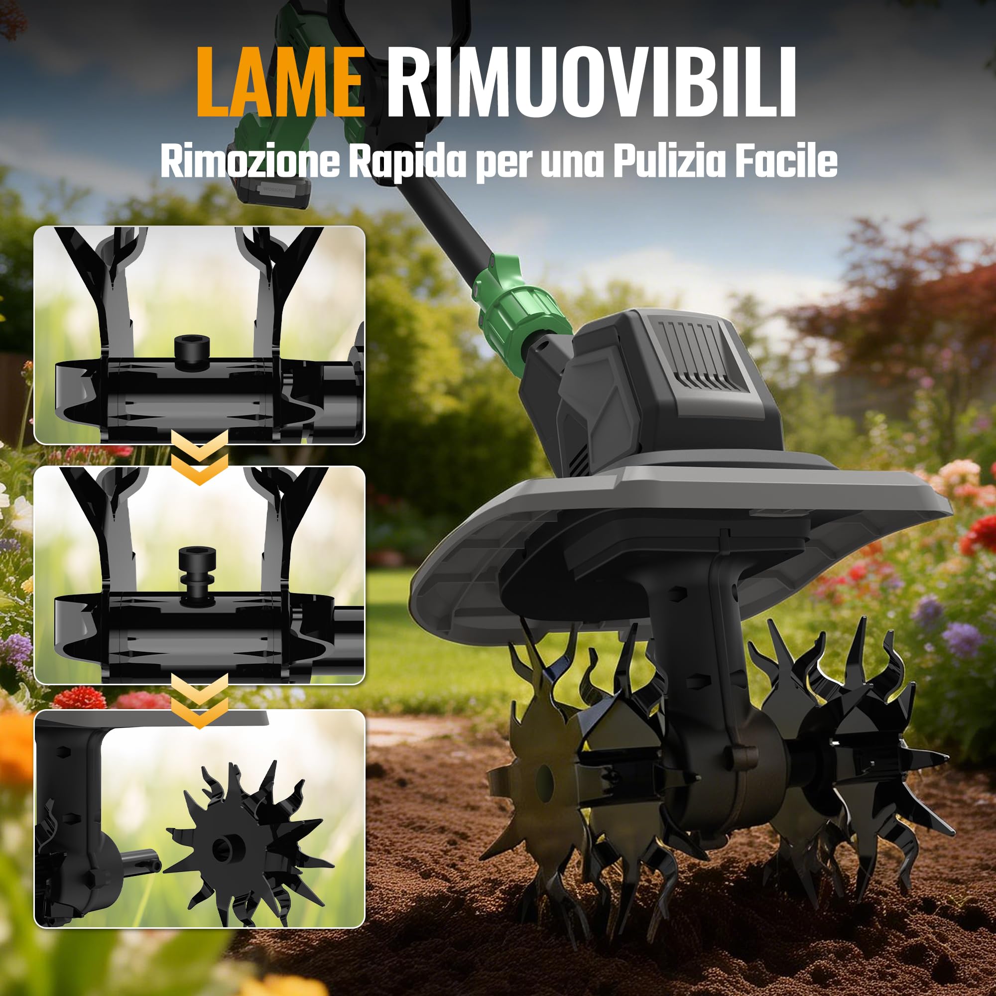 WORKPROX Motozappa Elettrica Senza Fili 20V, Lavoro 20 cm x 20 cm, Velocità 280 giri/min, Motozappa a Batteria da 4,0 Ah, Leggera 4,7 kg, Compatto per Giardino, Orto e Frutteto