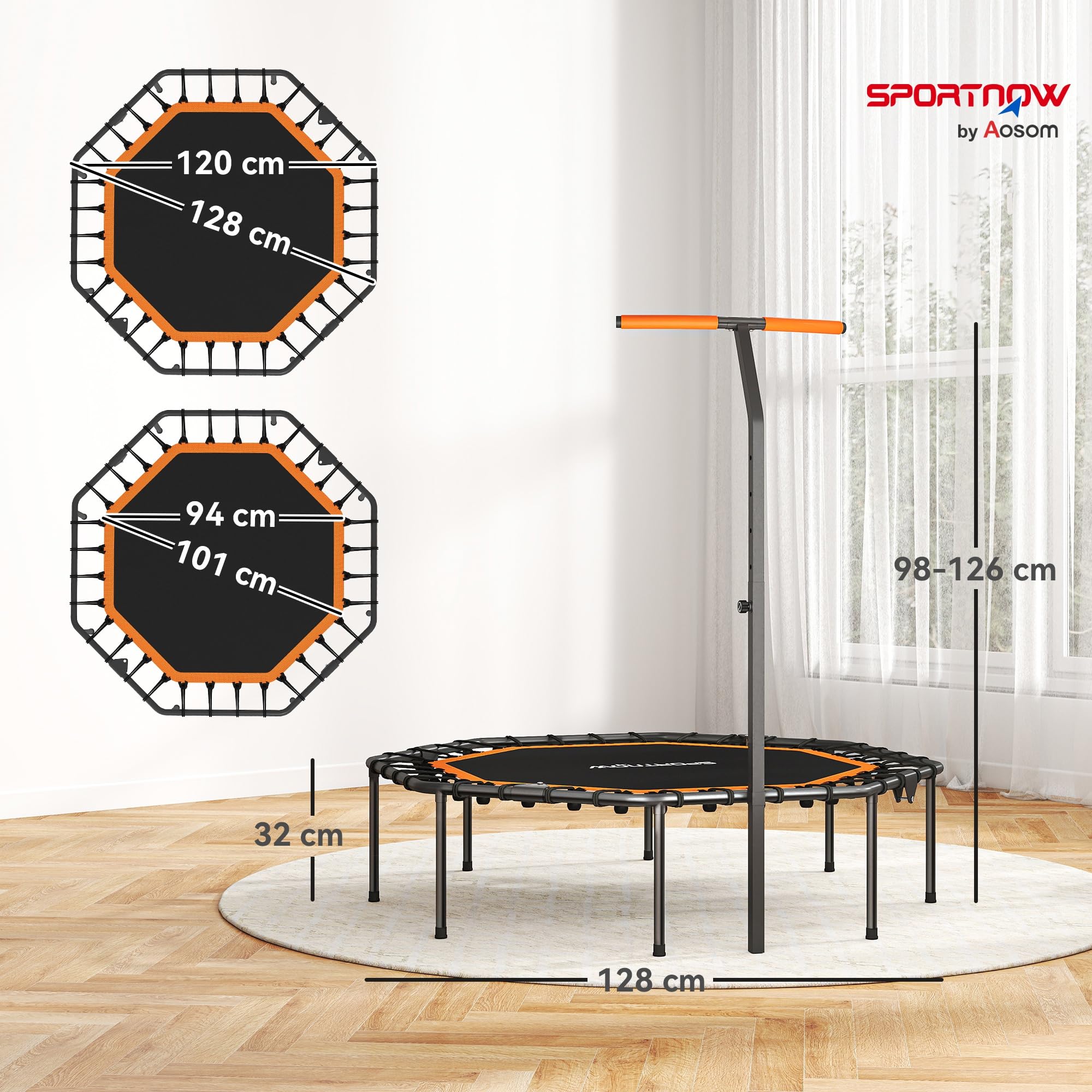 SPORTNOW Fitness Trampolin klappbar Ø128 cm Mini Trampoline mit 5-Stufig Höhenverstellbarem Haltegriff, leise Gummiseil, Trampolin für Erwachsene, Trampoline für Indoor Outdoor Jumping