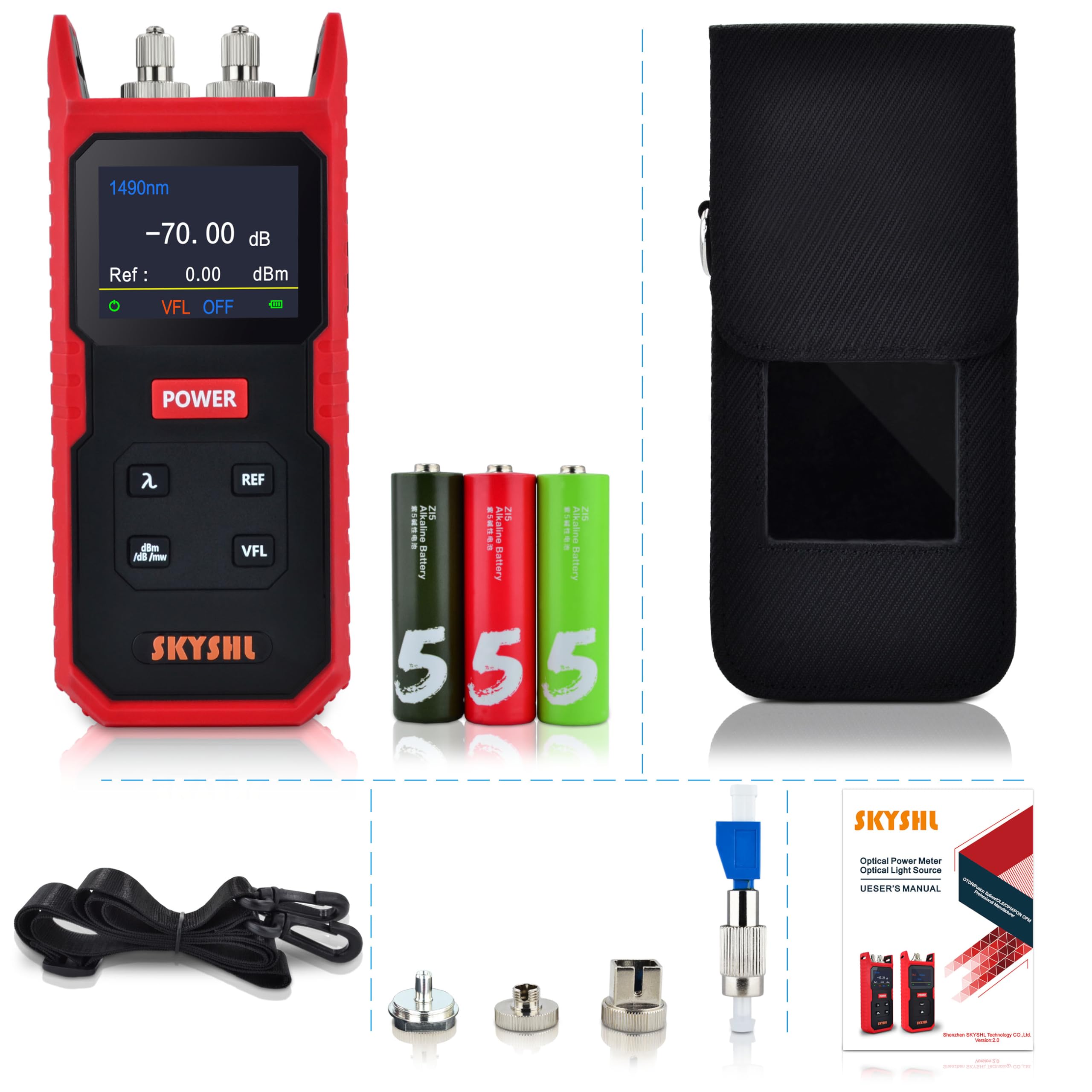 OPM Optisches Leistungsmessgerät 850nm-1700nm -70dBm bis +8dBm VFL 650nm 8km 2,3-Zoll-Farbbildschirm Optical Fiber Power Meter SC FC ST LC
