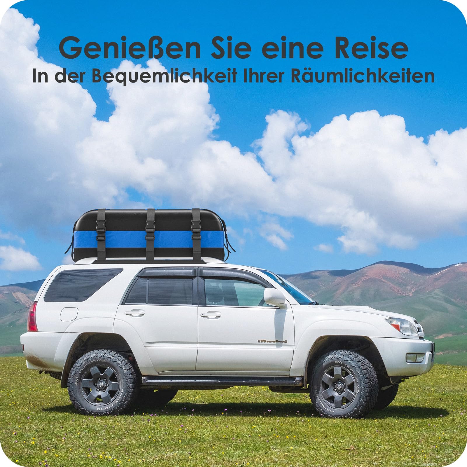 Dachbox Faltbar 20 Cubic/566 L, 700D Wasserdicht Dachbox Auto, Dachbox mit Anti-Rutsch-Matte und 10 Schwerlastgurten, Faltbare Weich Dachtasche Auto für Autos mit/ohne Gepäckträger(Blau)