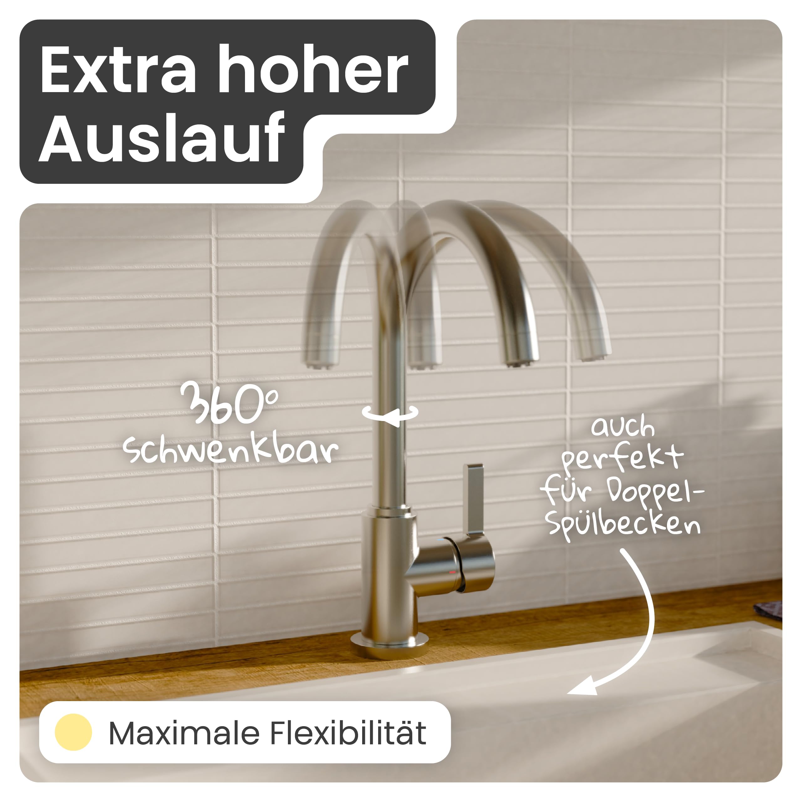 instmaier Leona | Niederdruck Küchenarmatur 360° schwenkbar | Edelstahl | Wasserhahn Küche | Spültischarmatur mit hohem Auslauf | Armatur Spüle | Einhebelmischer | Mischbatterie
