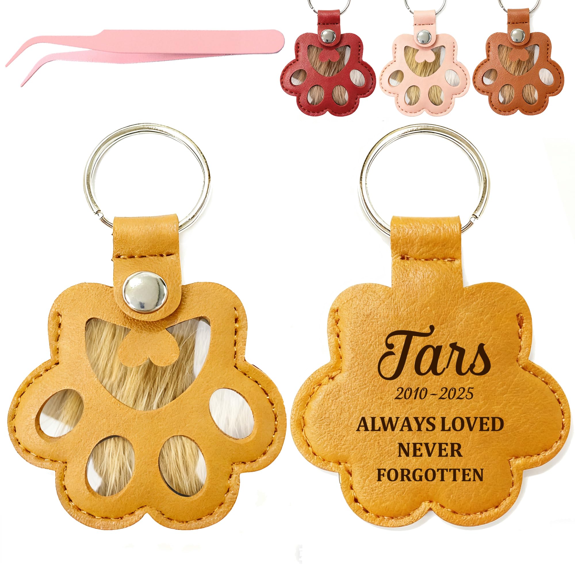 EDSG Personalised Pet Fur Keepsake Keyring, Pets Hair Storage Pouch Dog Memorial Gifts, Dog Cat Paw Shape Leather Keychain, Pet Memorial Gifts (Gold, Paw)